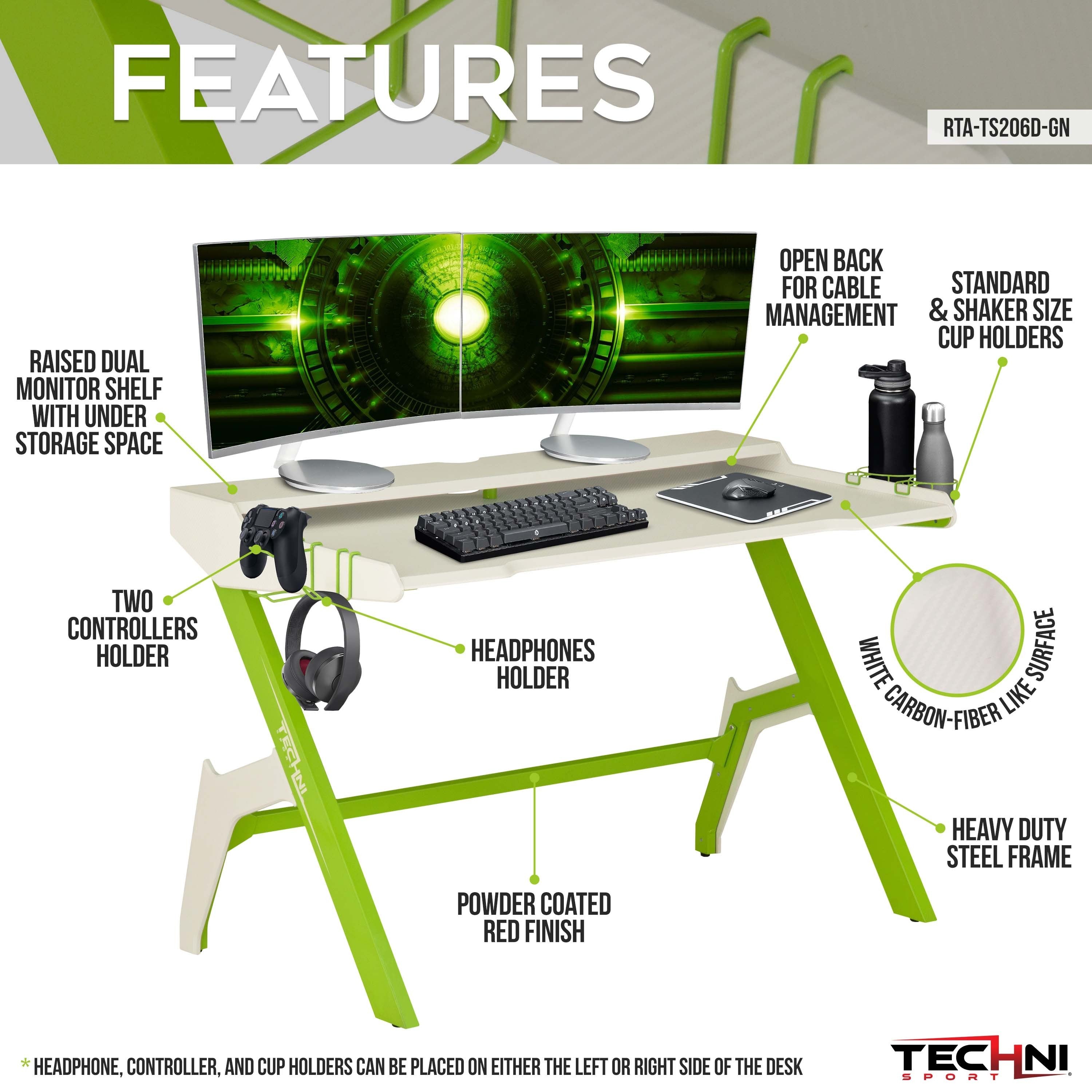 Gaming  Desk Workstation with Cupholder & Headphone Hook (Green)