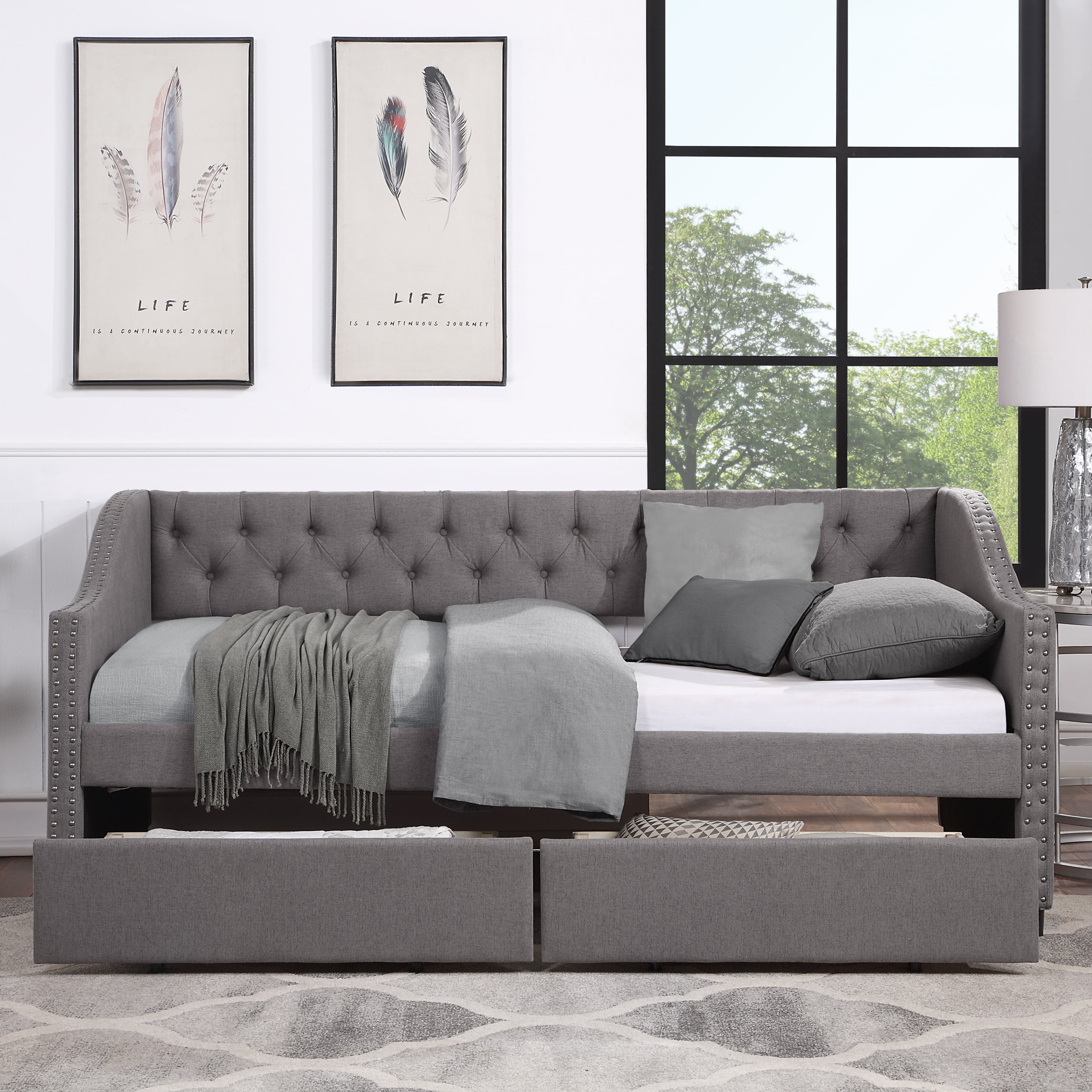 Twin Size Upholstered Daybed with Two Drawers (Gray)