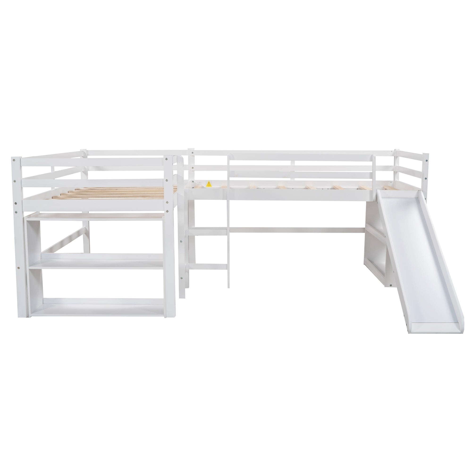 Twin Size L-Shaped Loft Bed with Movable Two-Tier Shelves and Slide (White)