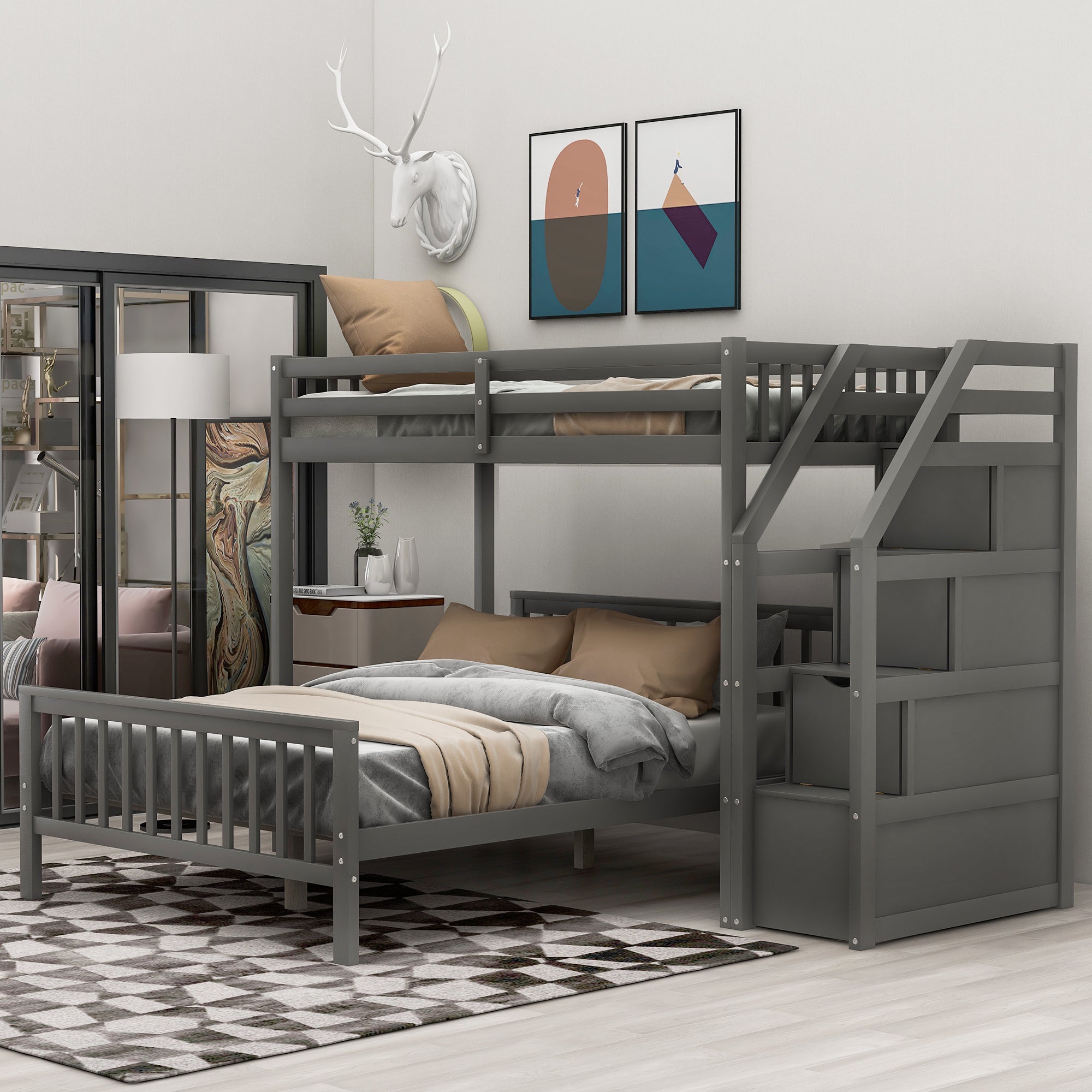 Twin over Full Loft Bed with Staircase (Gray)