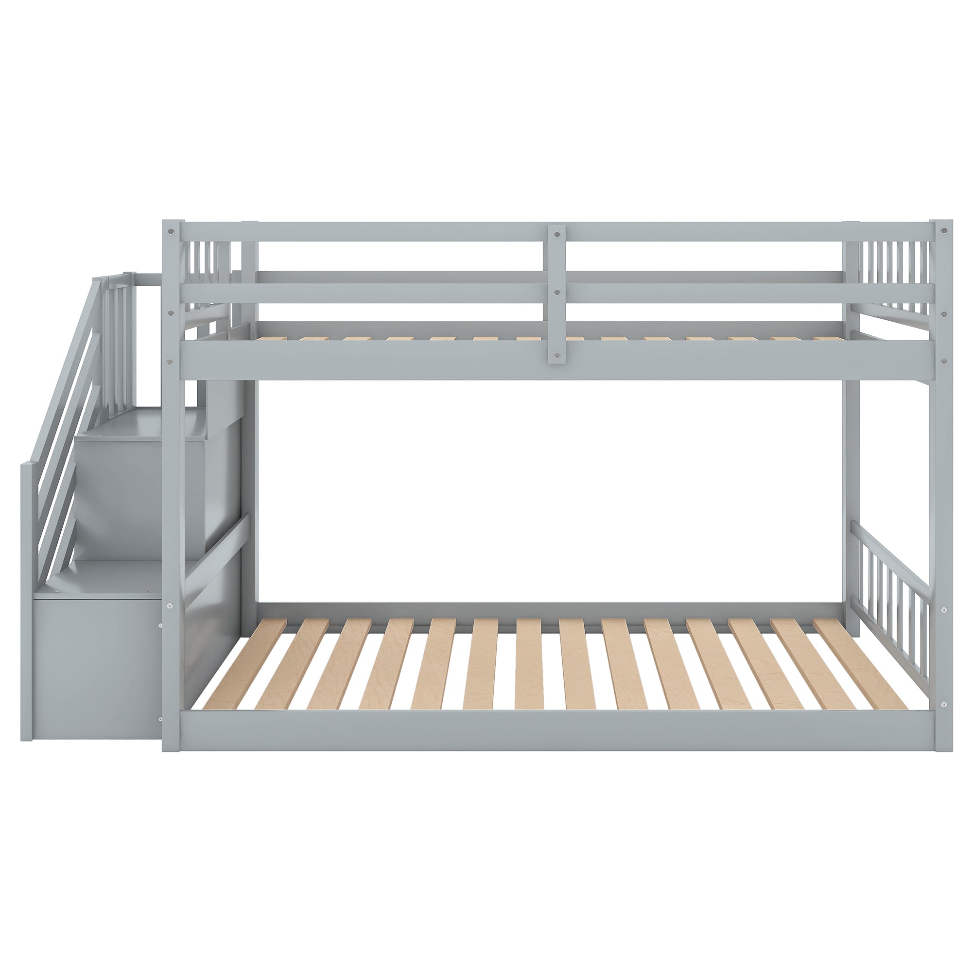 Twin over Twin Floor Bunk Bed, Ladder with Storage (Gray)