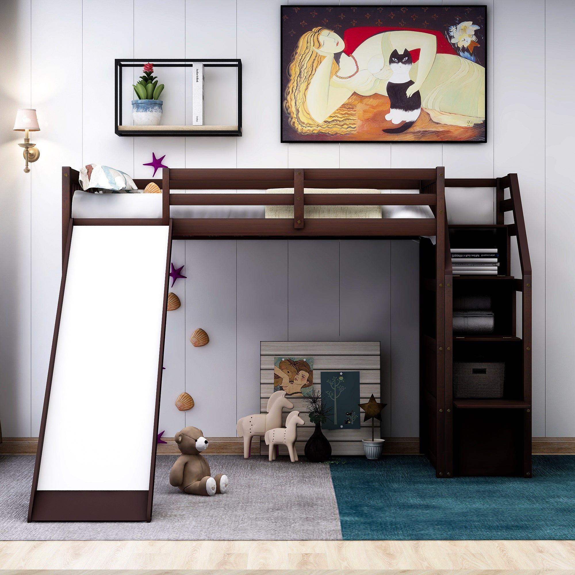 Twin Size Loft Bed with Storage and Slide (Espresso)