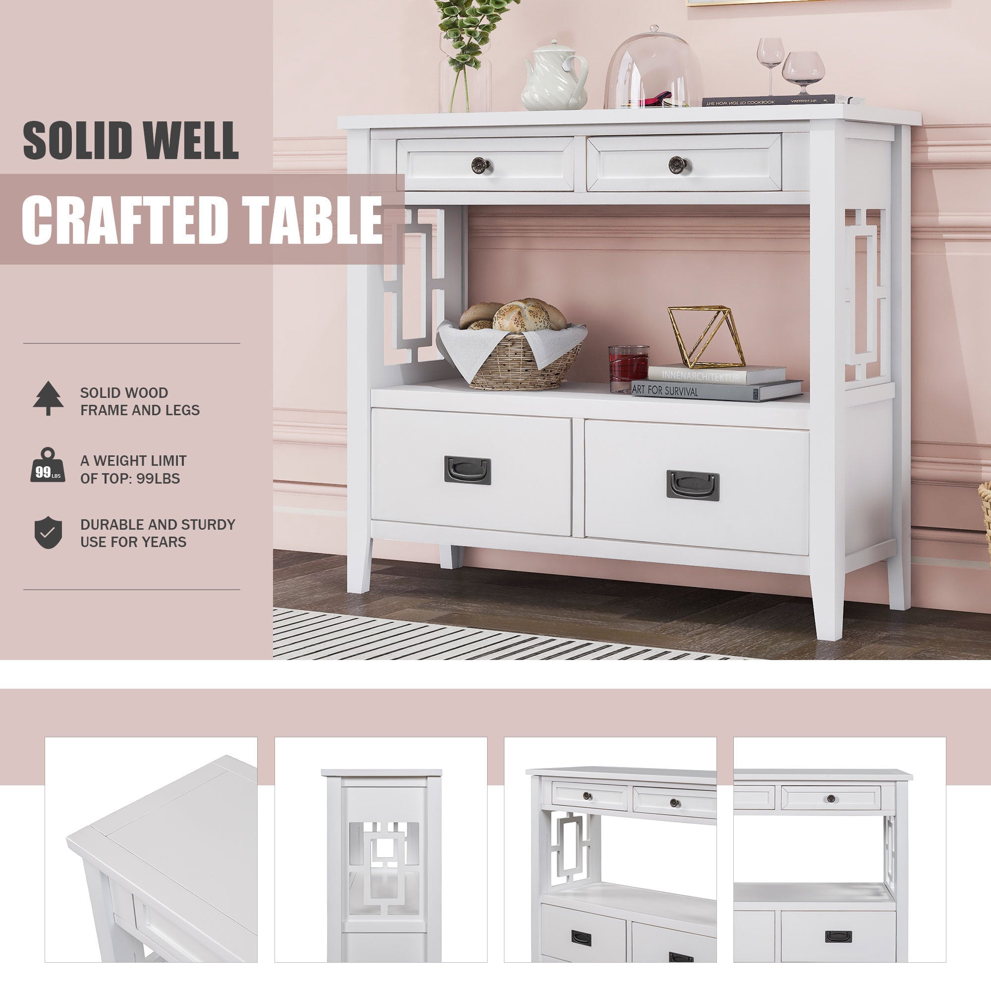 36'' Modern Console Table Sofa Table for Living Room with 4 Drawers and 1 Shelf (White)