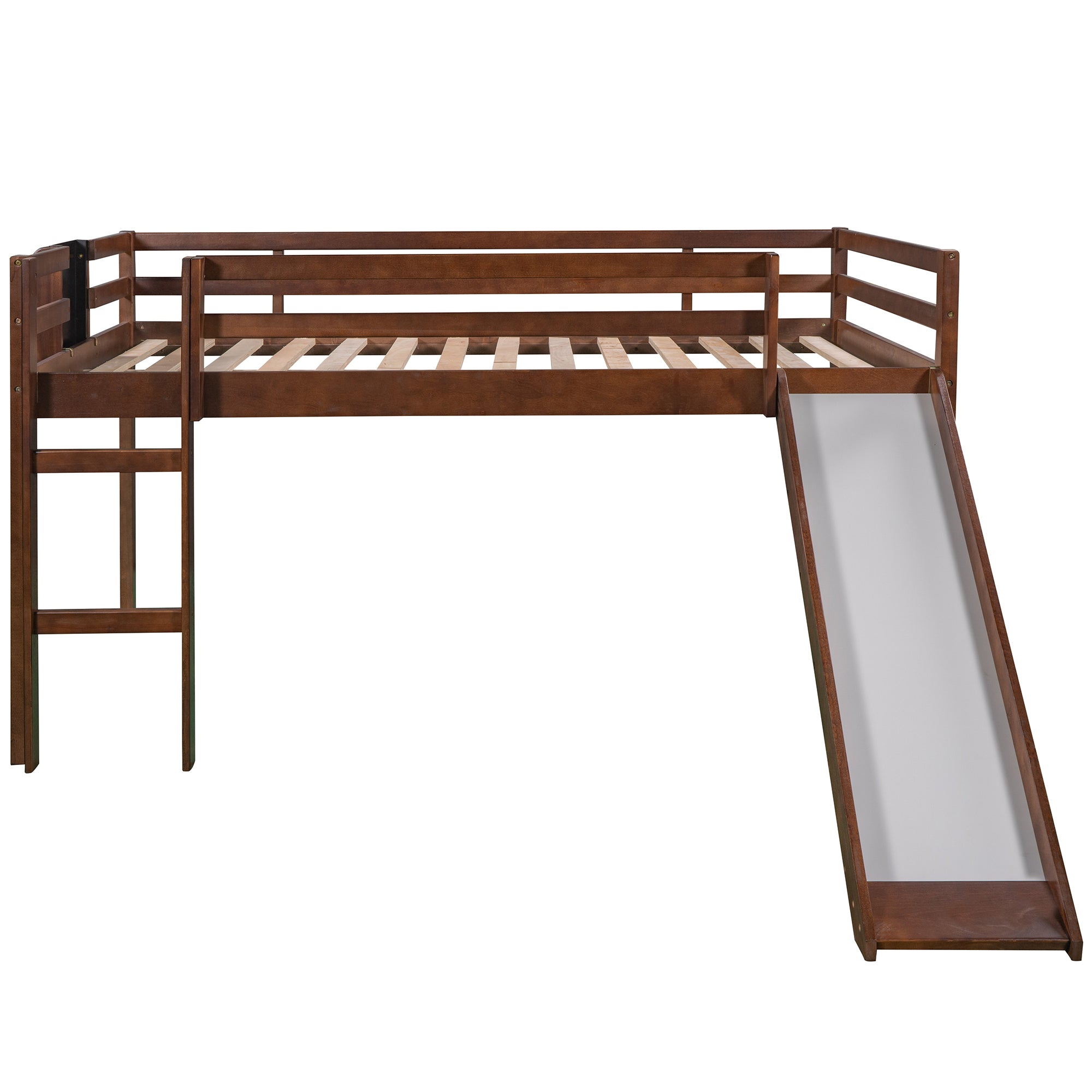 Full size Loft Bed Wood Bed with Slide (Walnut)