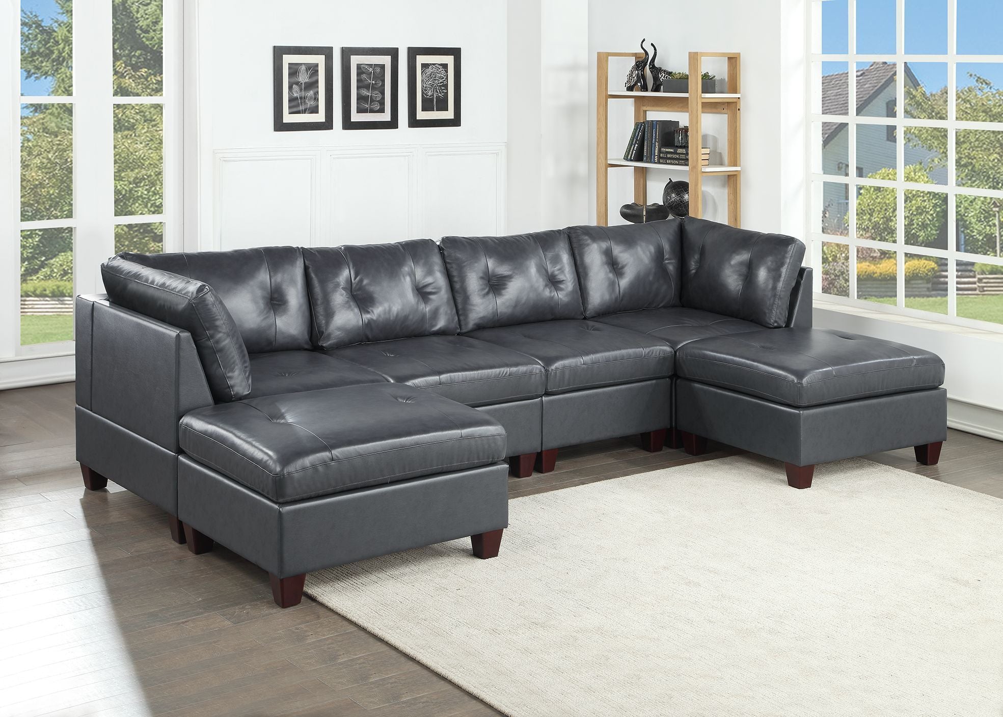 Leather Tufted 6 Piece Combination Set 2x Wedge 2x Armless Chair 2x Ottomans Sofa (Black)