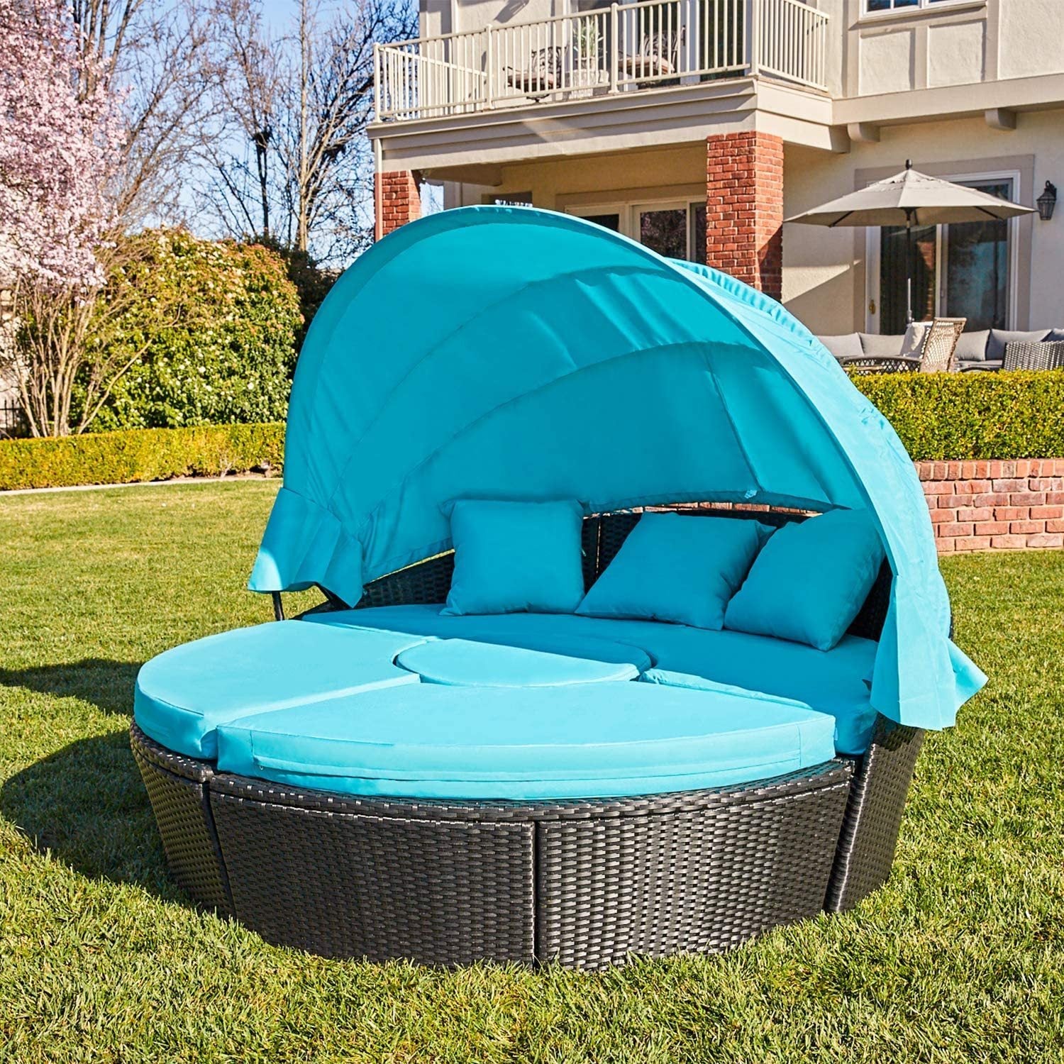 Patio Furniture Outdoor Daybed with Retractable Canopy and Soft Cushions