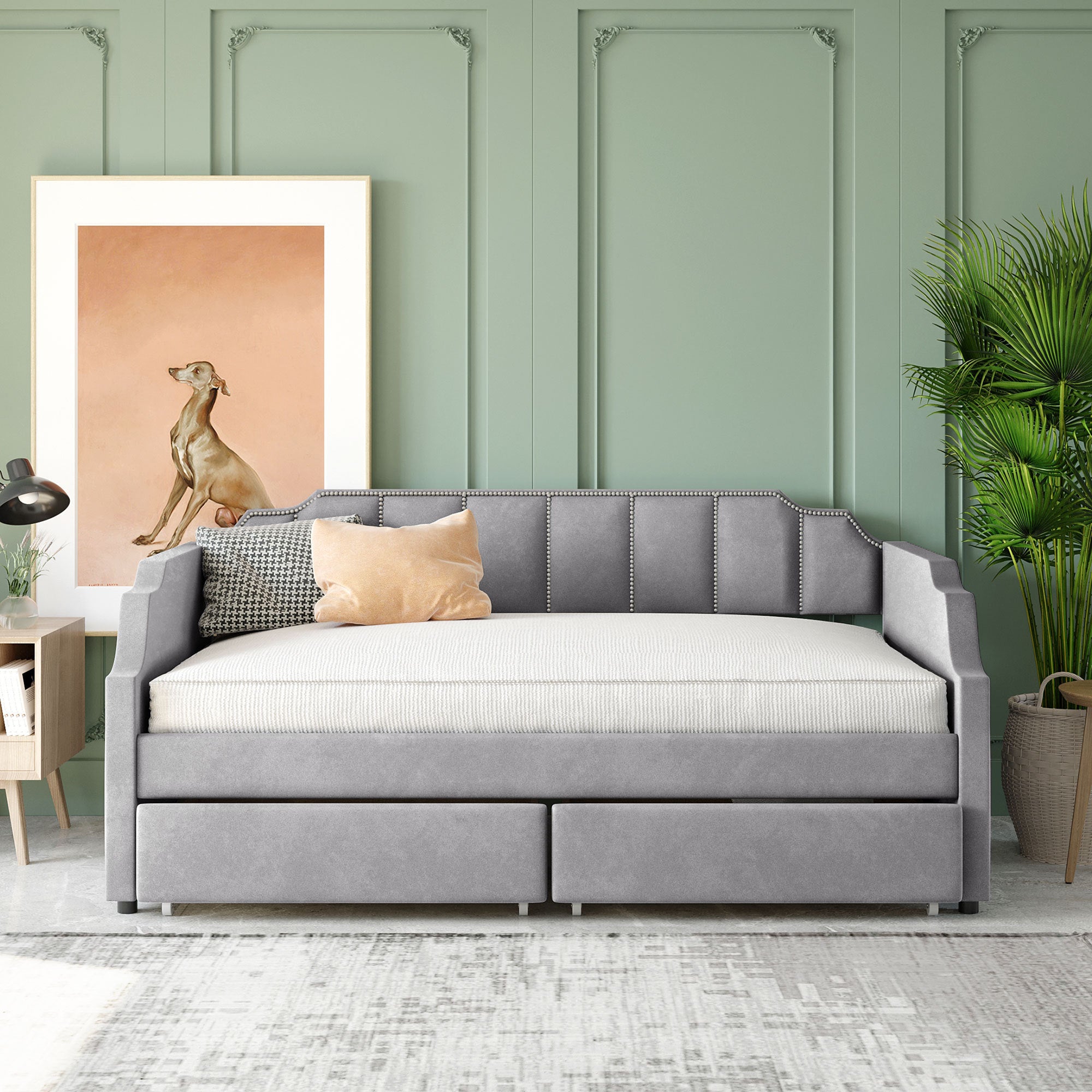 Twin Size Upholstered daybed with Drawers (Gray)