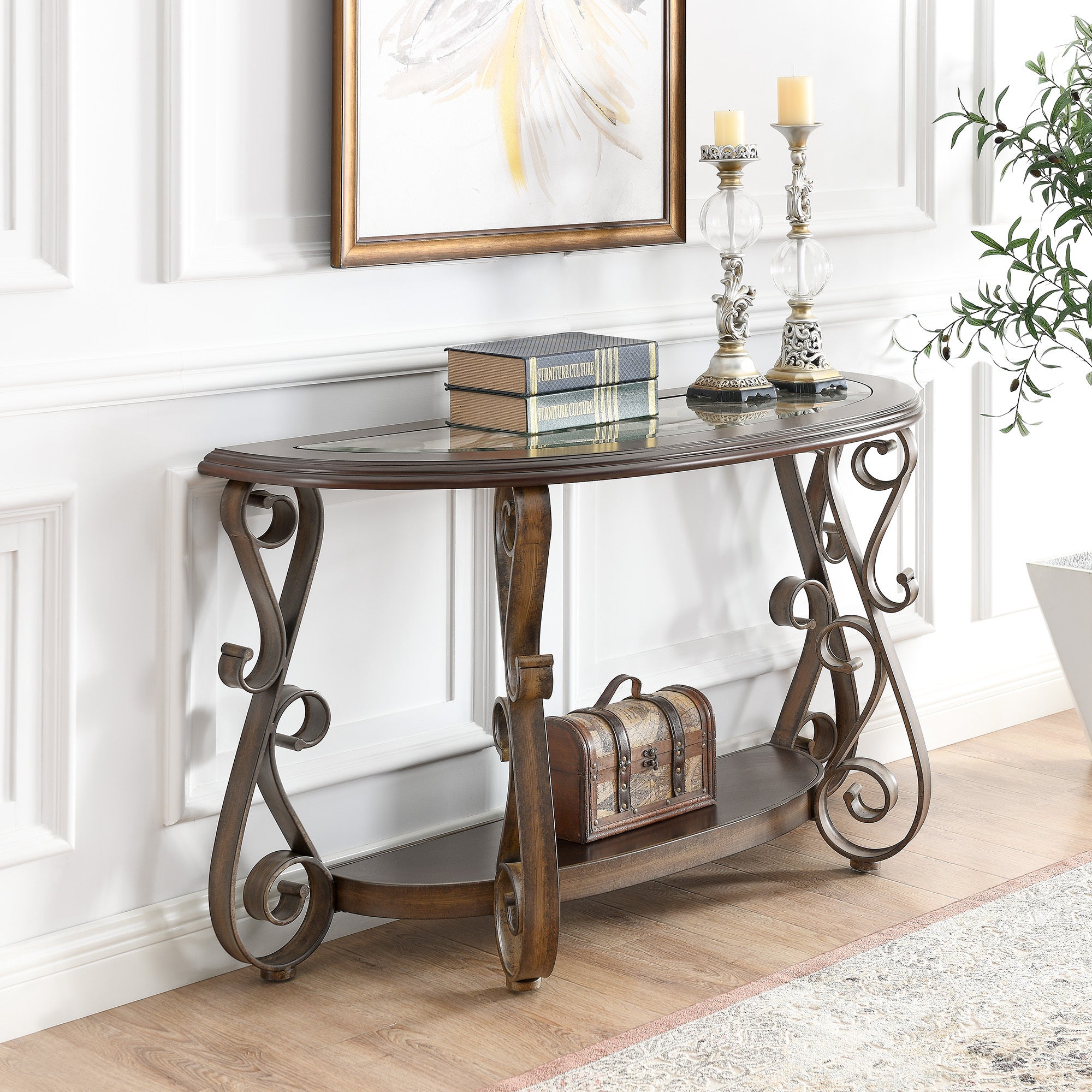 Console Table with Glass Table Top and Powder Coat Finish Metal Legs (Dark Brown)
