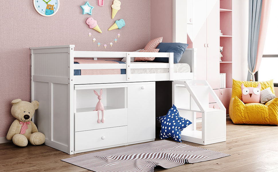 Loft Bed Low Study Twin Size Loft Bed With Storage Steps and Portable Desk (White）