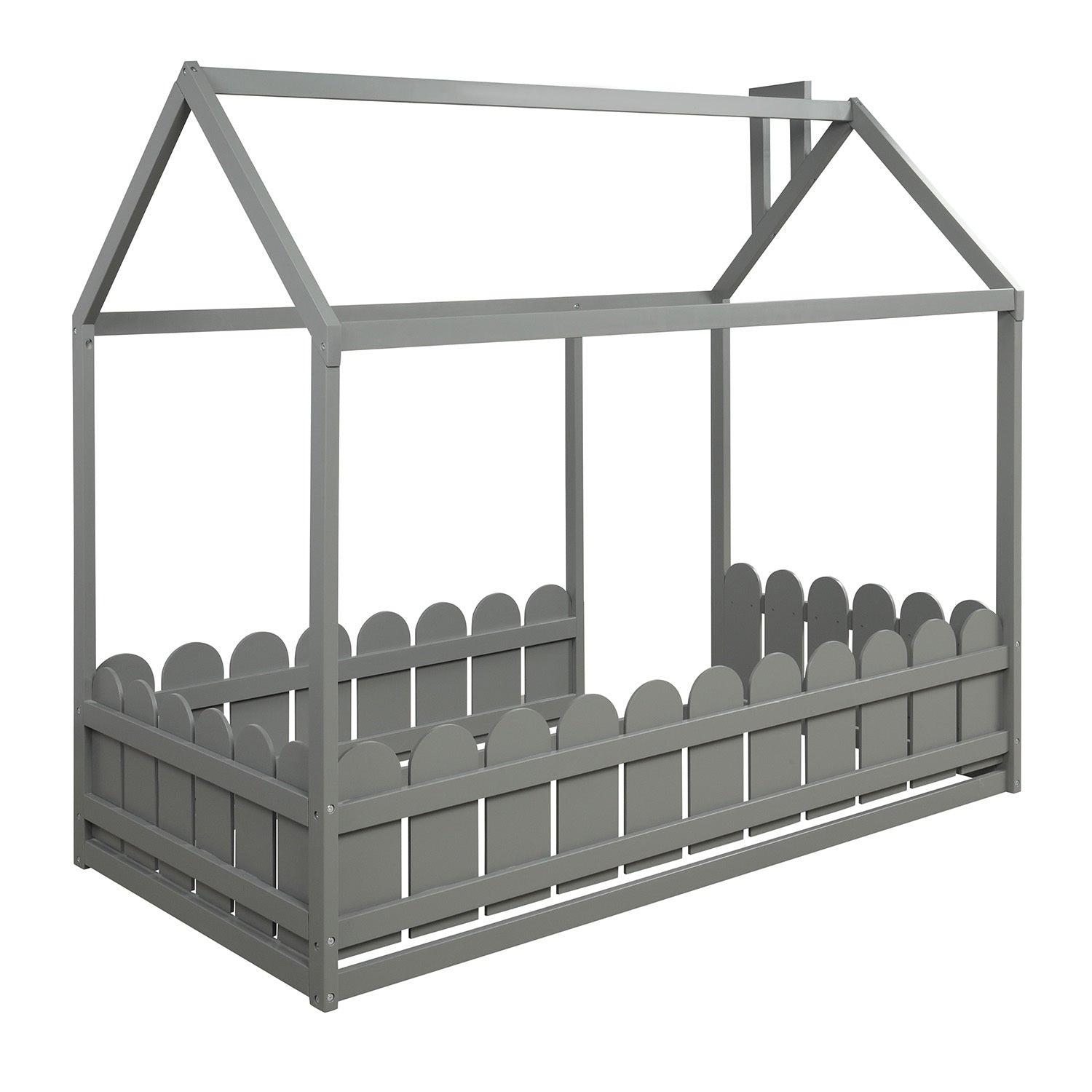 Twin Size Wood Bed House Bed Frame with Fence (Gray) (Slats are not included)