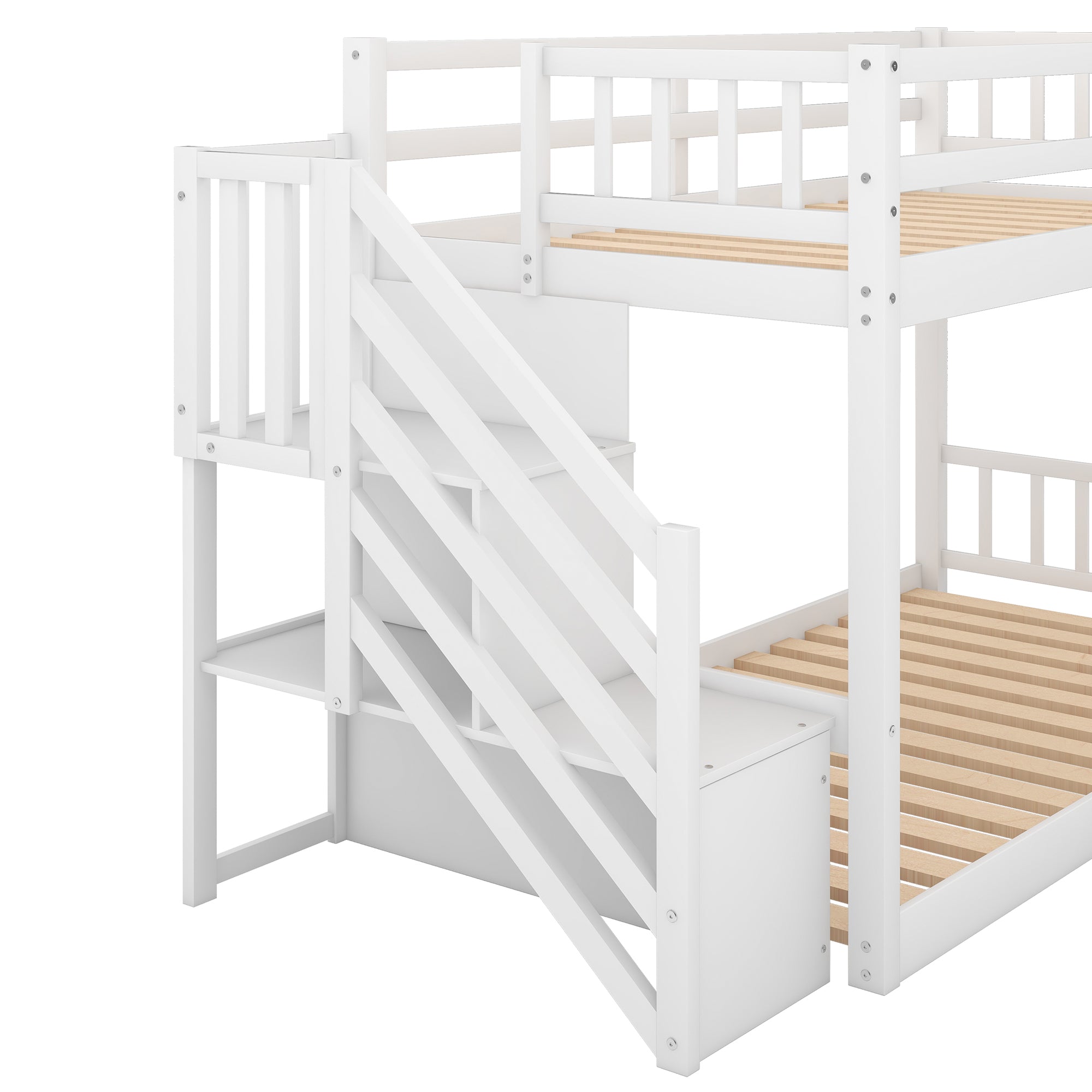 Twin over Twin Floor Bunk Bed, Ladder with Storage (White)