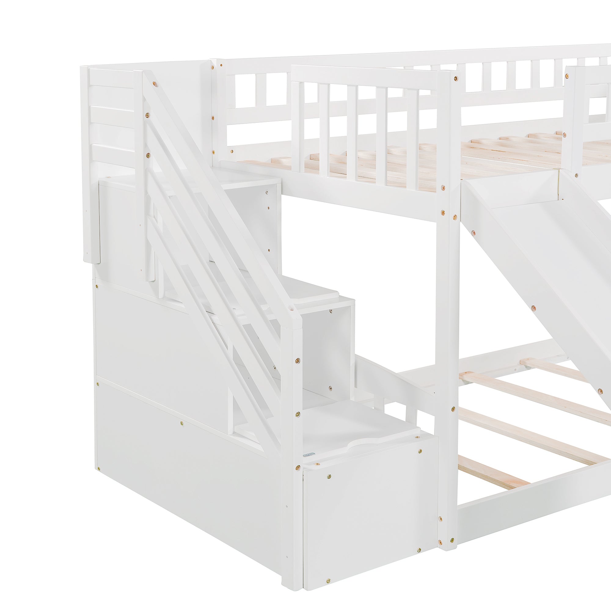 Stairway Twin over Twin Bunk Bed with Two Drawers and Slide (White)