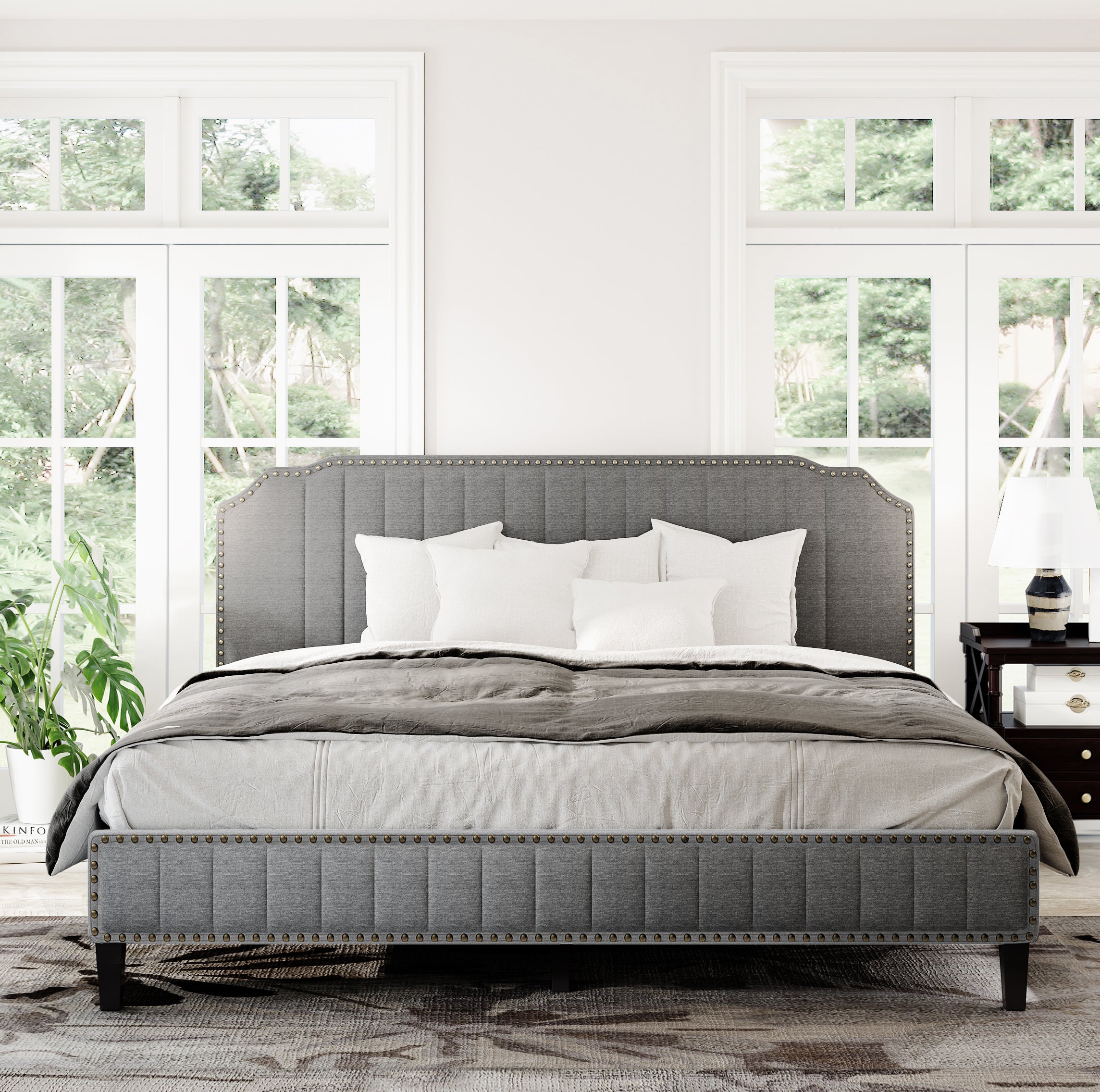 Modern Linen Curved Upholstered Platform King Bed (Gray)