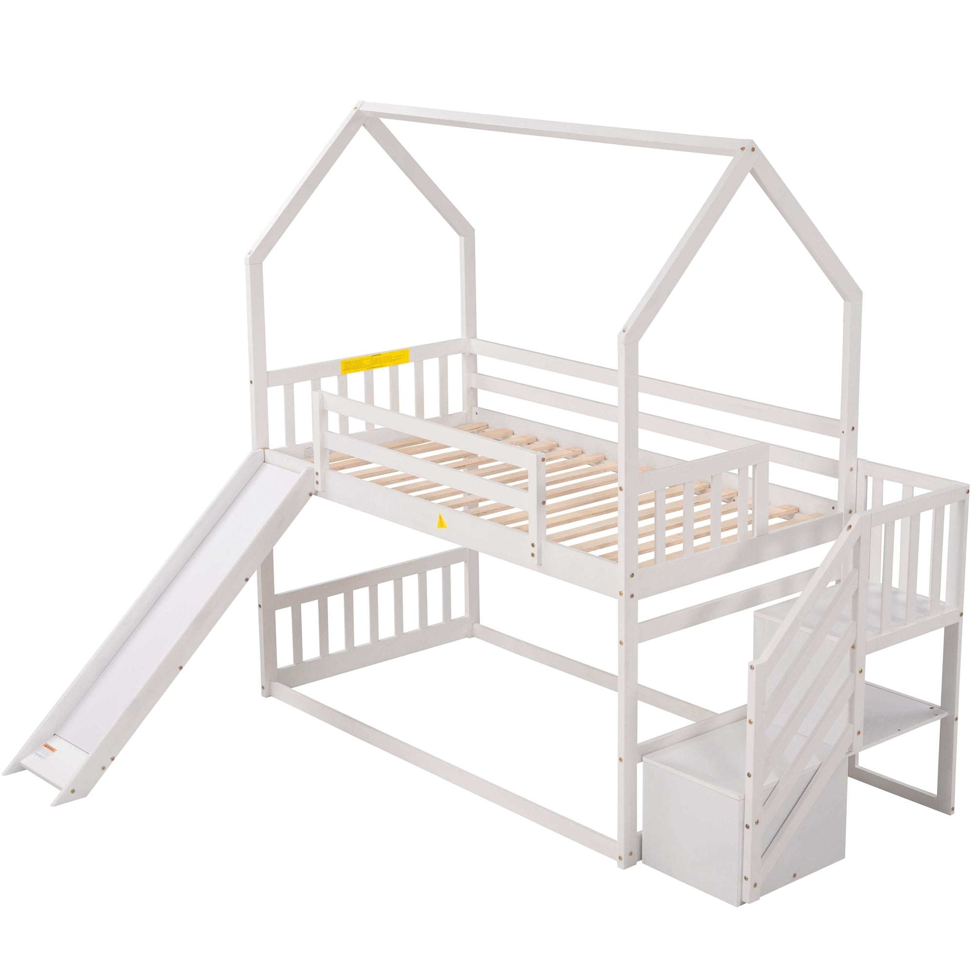 Twin over Twin House Bunk Bed with Convertible Slide (White)