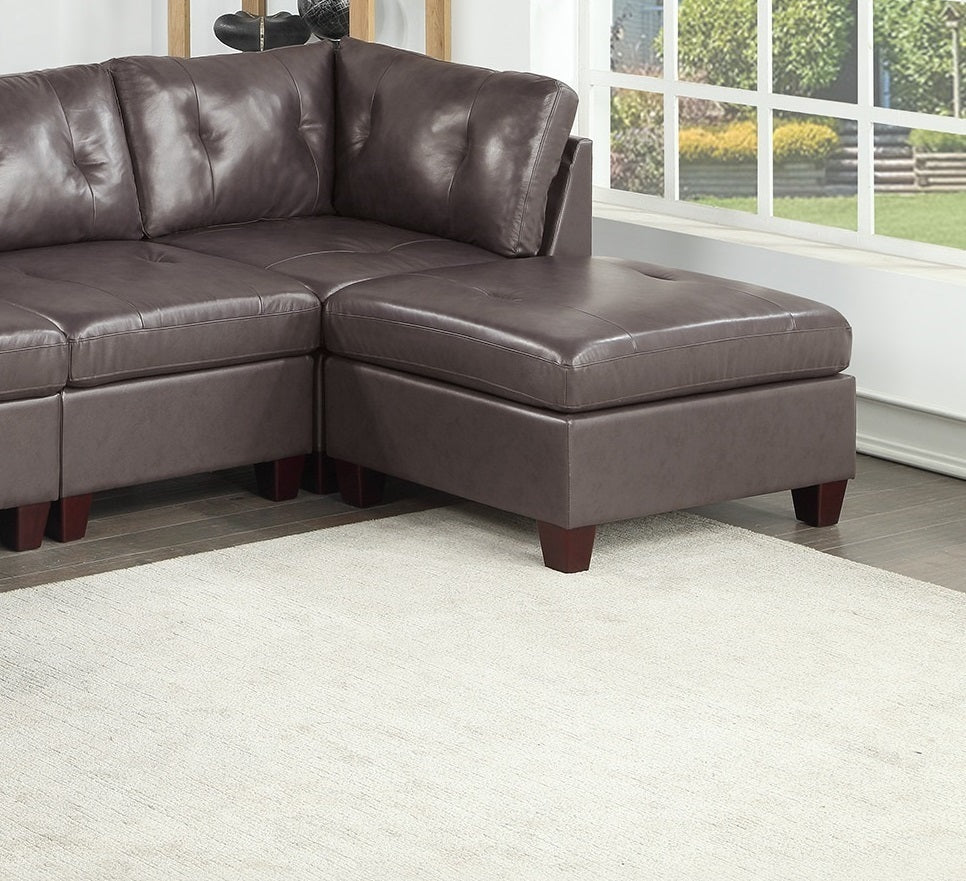 Leather Tufted 6 Piece Set 2x Wedge 2x Armless Chair 2x Ottomans Sofa (Brown)