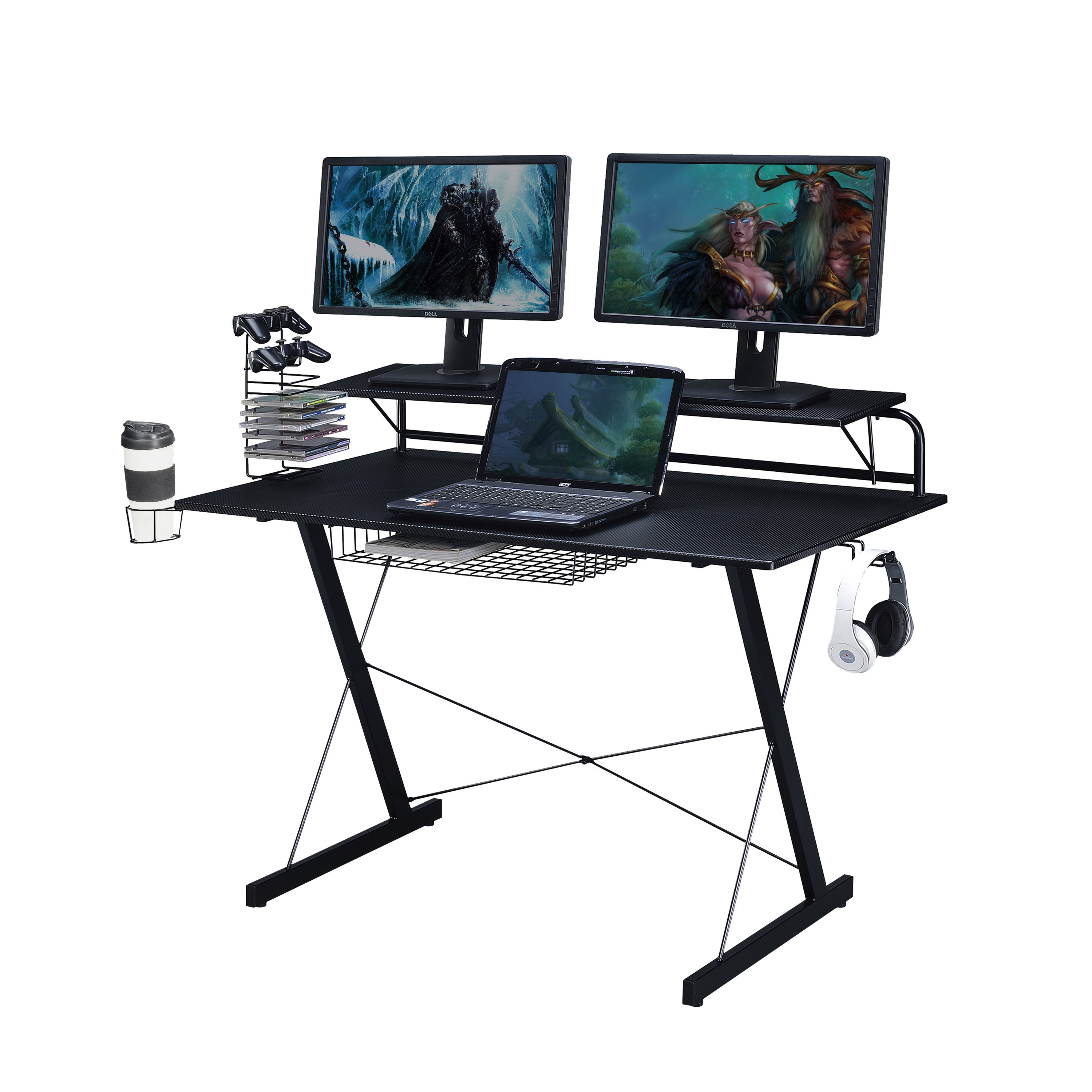 Computer Gaming Desk with Shelving (Black)