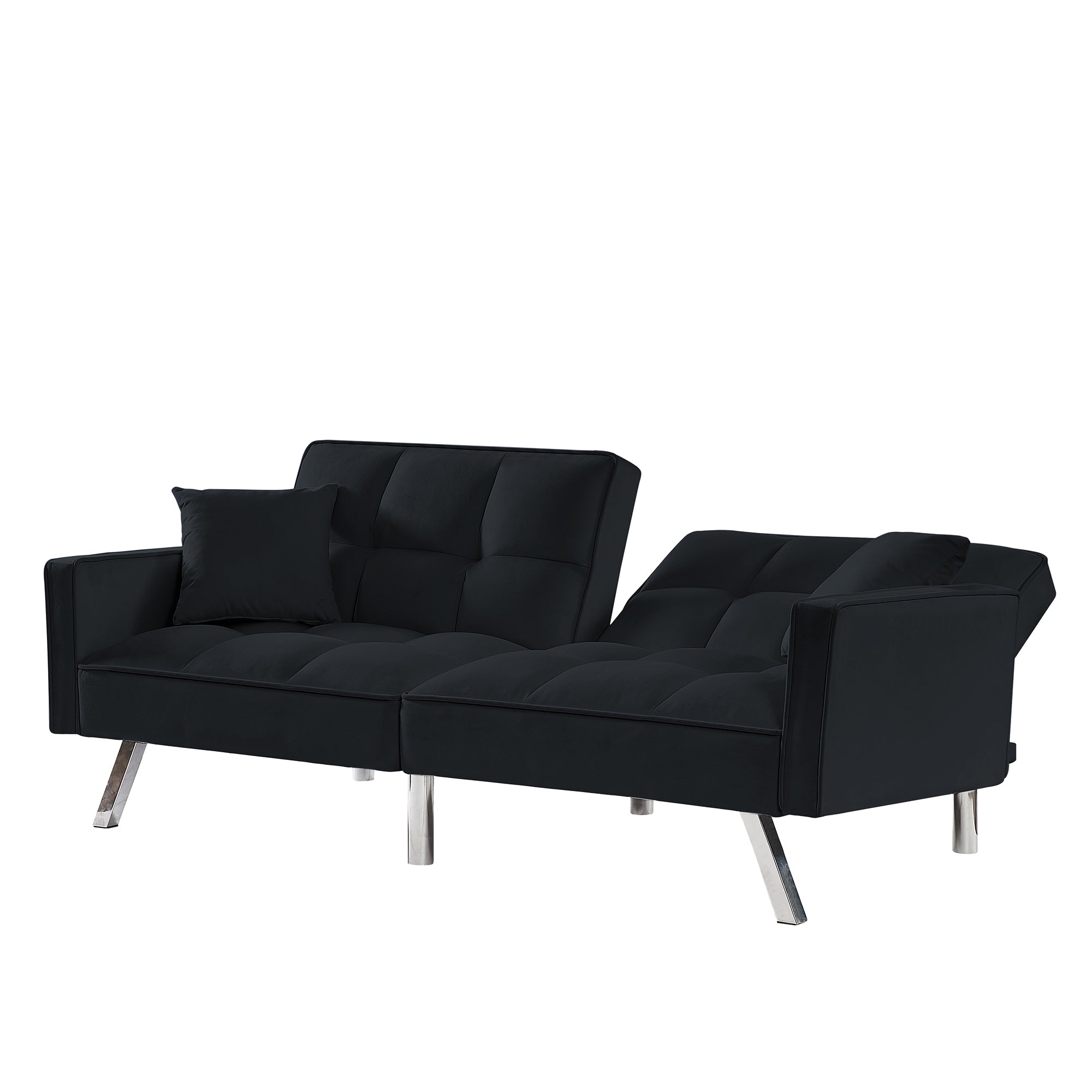 Modern Velvet Sofa Bed with Armrests and 2 Pillows (Black)