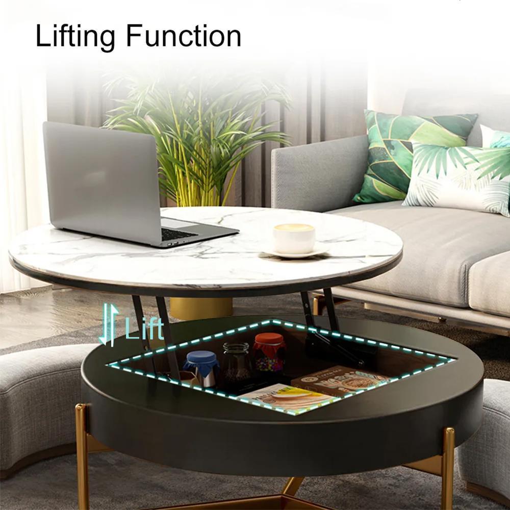 31" Aiona Lift Round Modern Coffee Table with 3 Footrests (Black)
