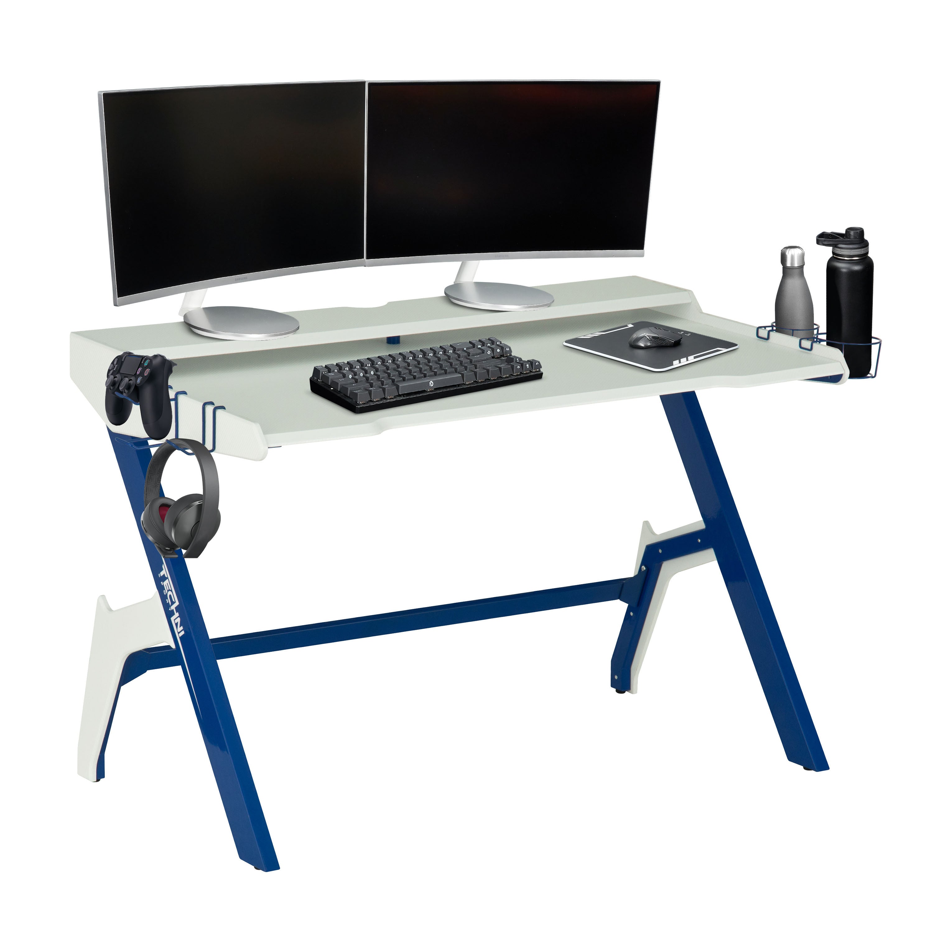 Gaming  Desk Workstation with Cupholder & Headphone Hook (Blue)