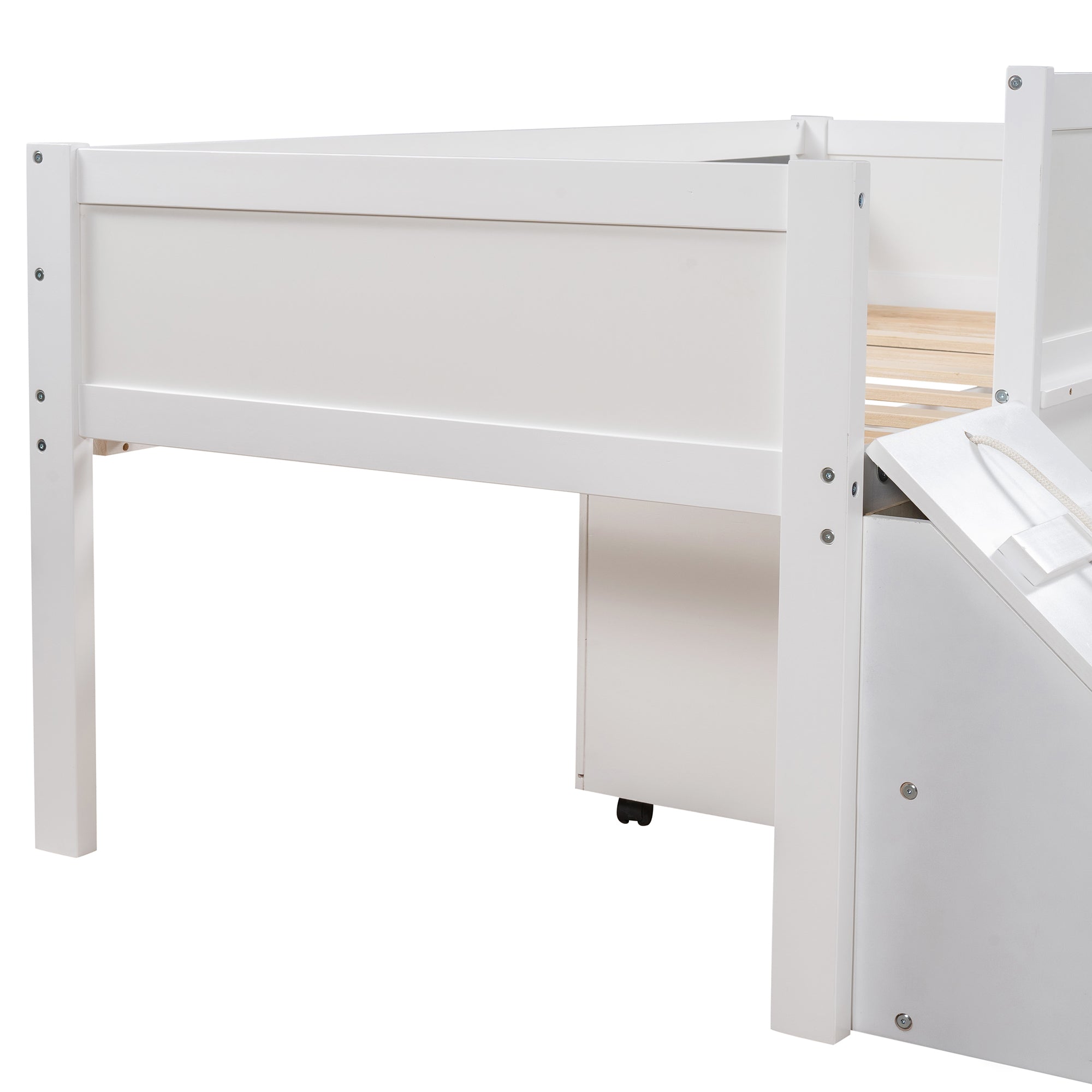 Twin size Low Loft Bed Wooden Bed with Two Storage Boxe (White)