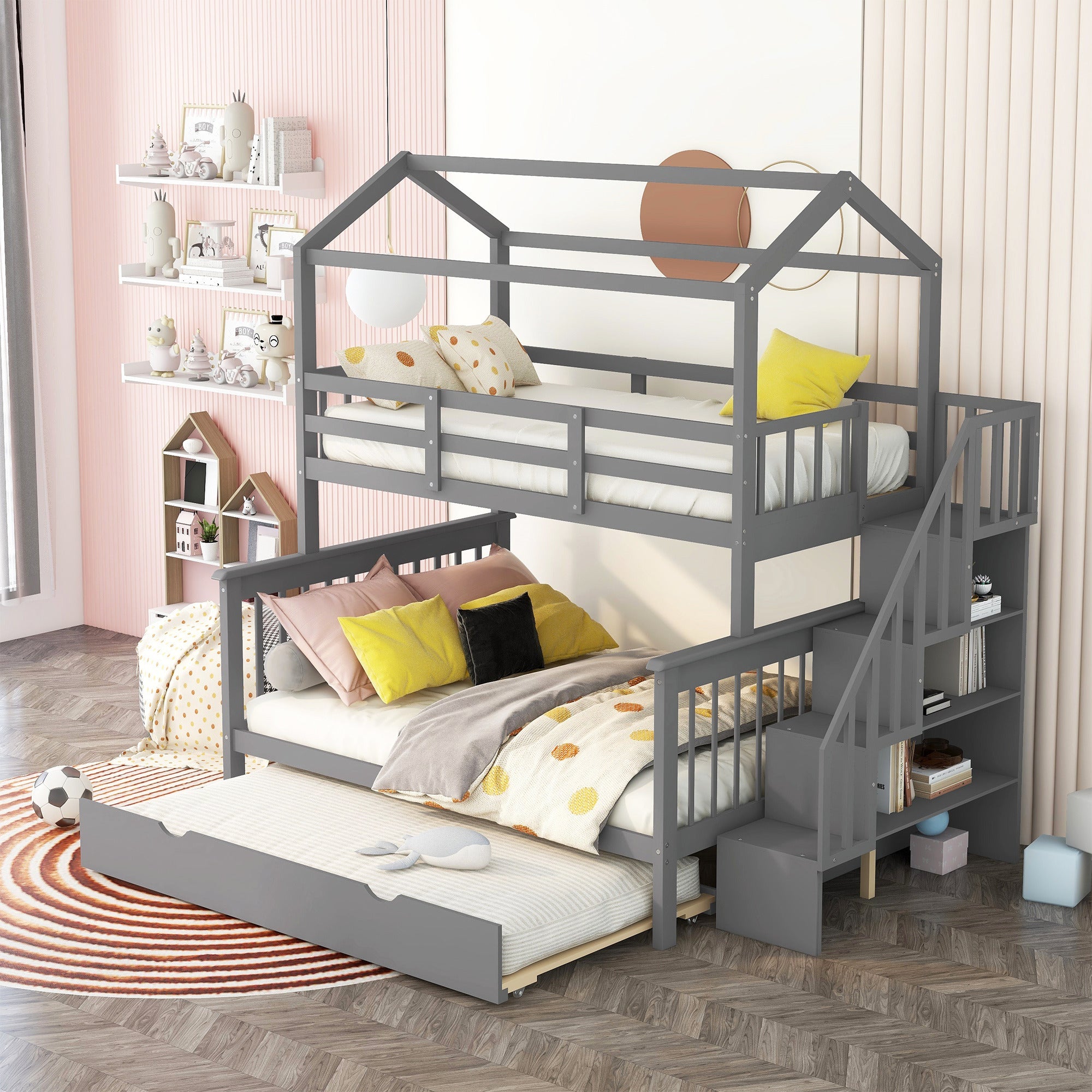 Twin over Full House Bunk Bed with Trundle and Staircase (Gray)
