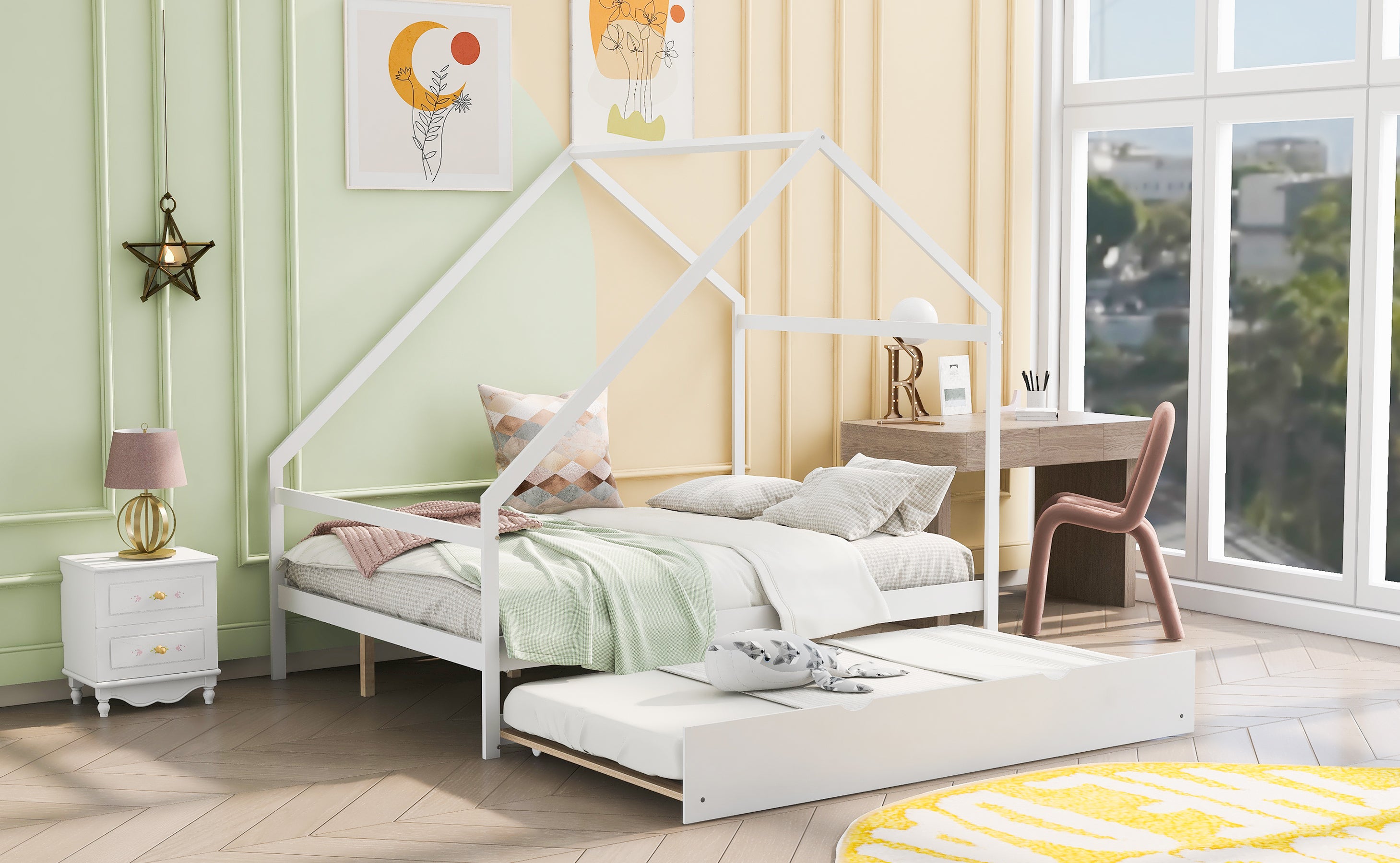 Full Size Wooden House Bed With Twin Size Trundle (White)