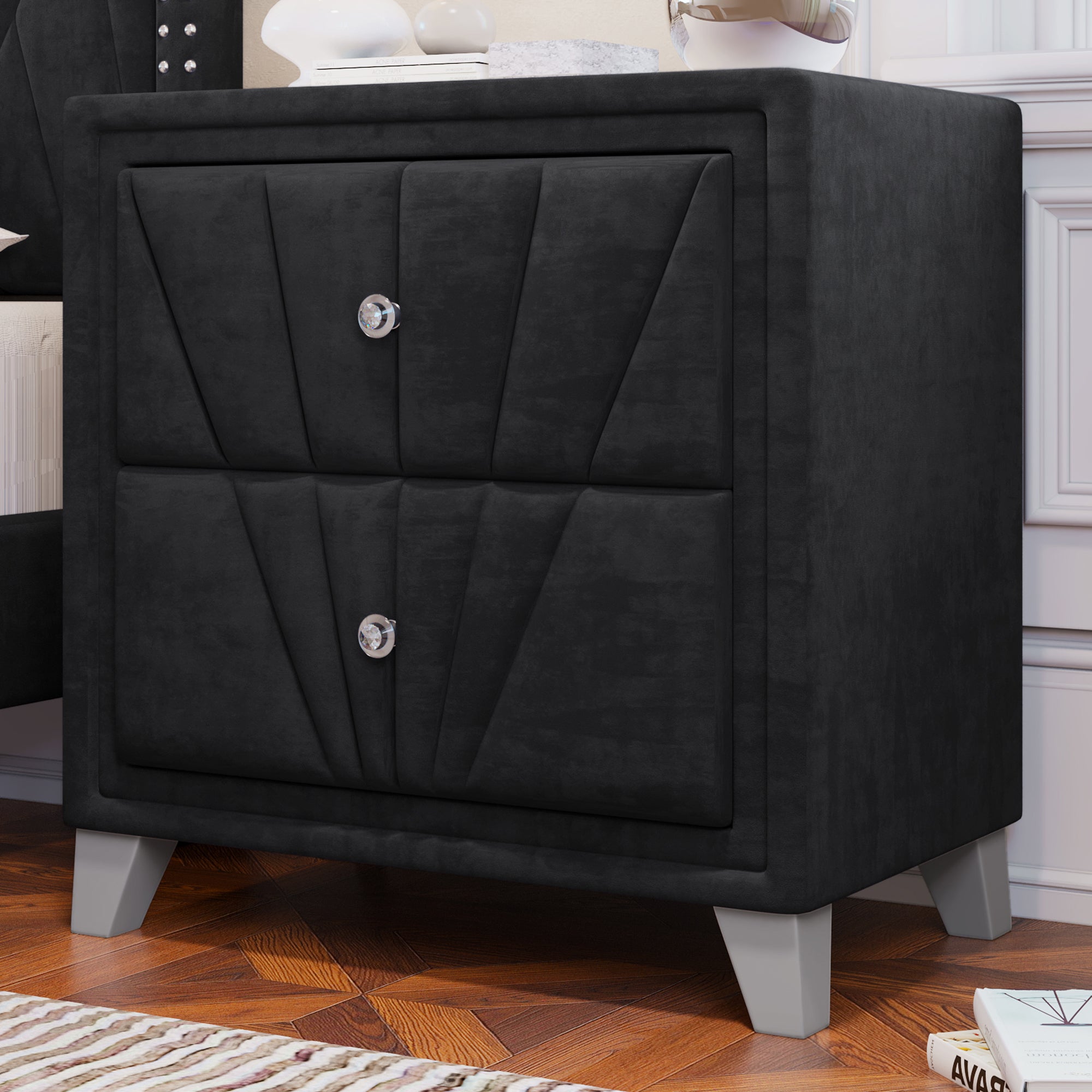 Two Drawers Gray Solid Wood (Black)