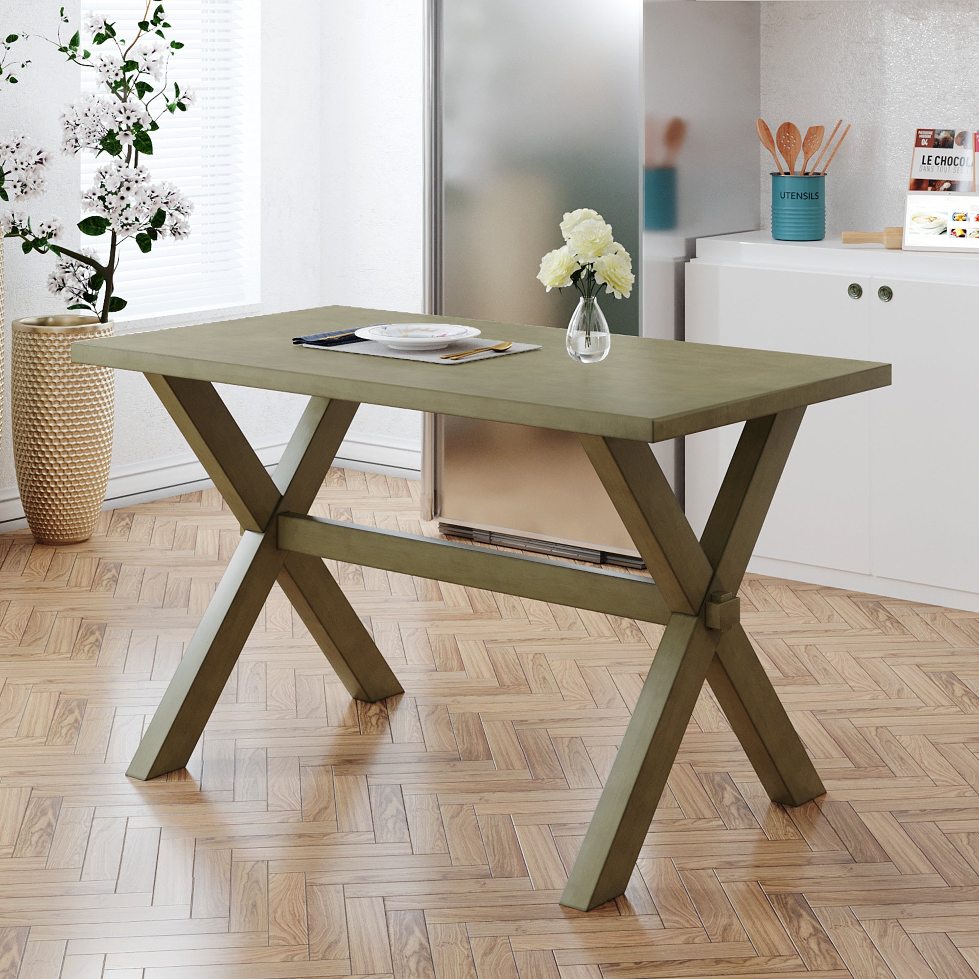 TOPMAX 5-Piece Dining Table with Upholstered 4 X Back Chairs (Green)