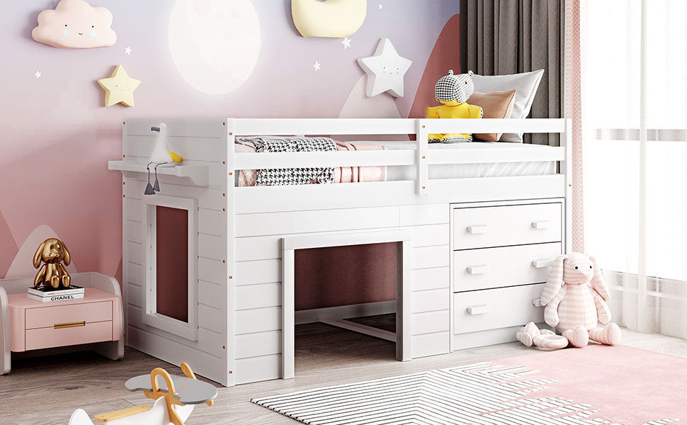 Twin Size Loft Bed with Cabinet and Shelf  (White)