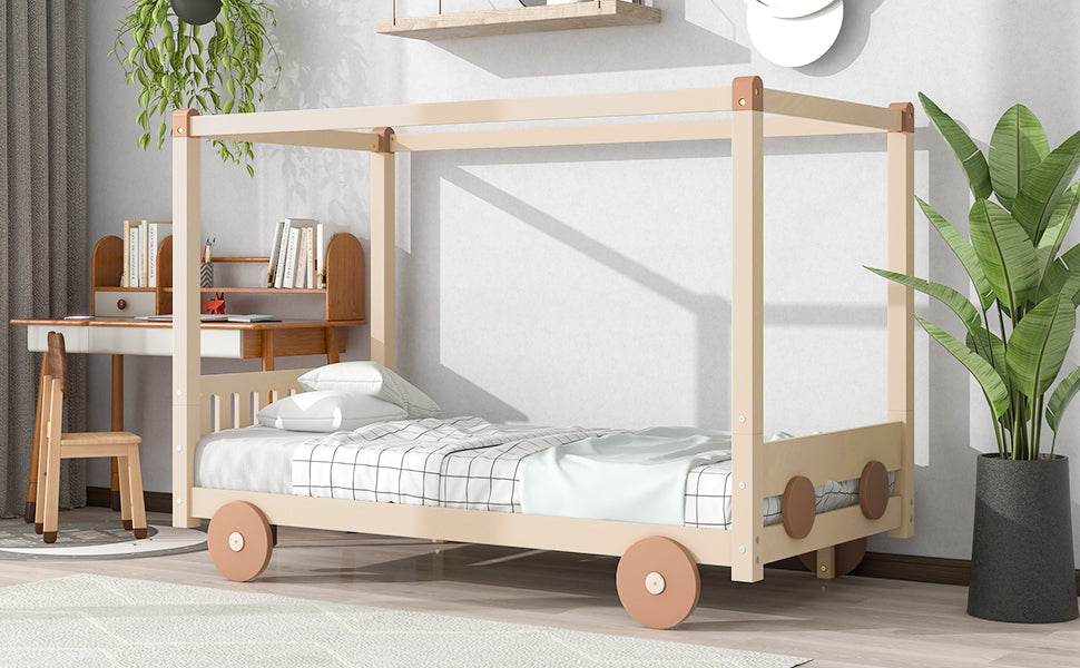 Twin Size Canopy Car-Shaped Platform Bed (Brown)