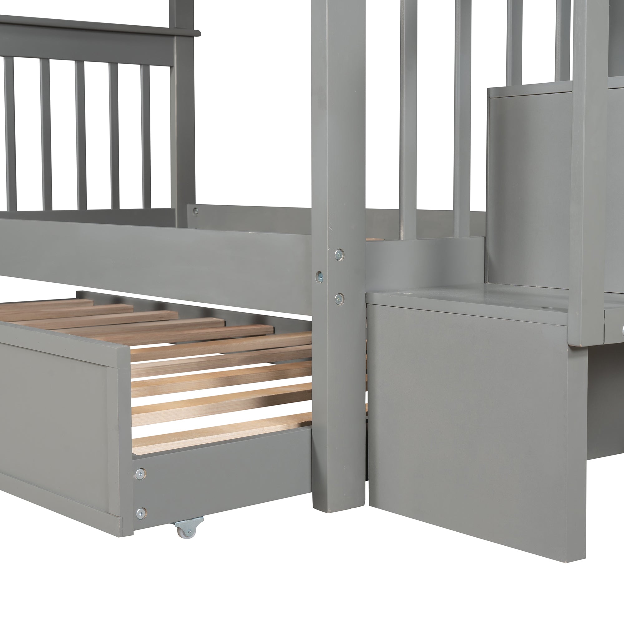 Stairway Twin-Over-Twin Bunk Bed with Twin size Trundle (Gray)