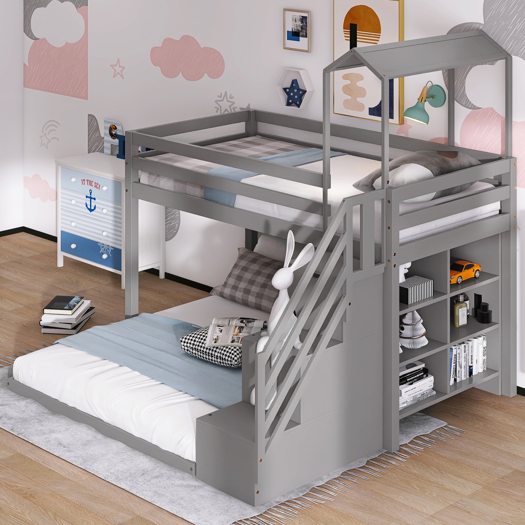 Twin over Full House Roof Bunk Bed with Staircase and Shelves (Gray)