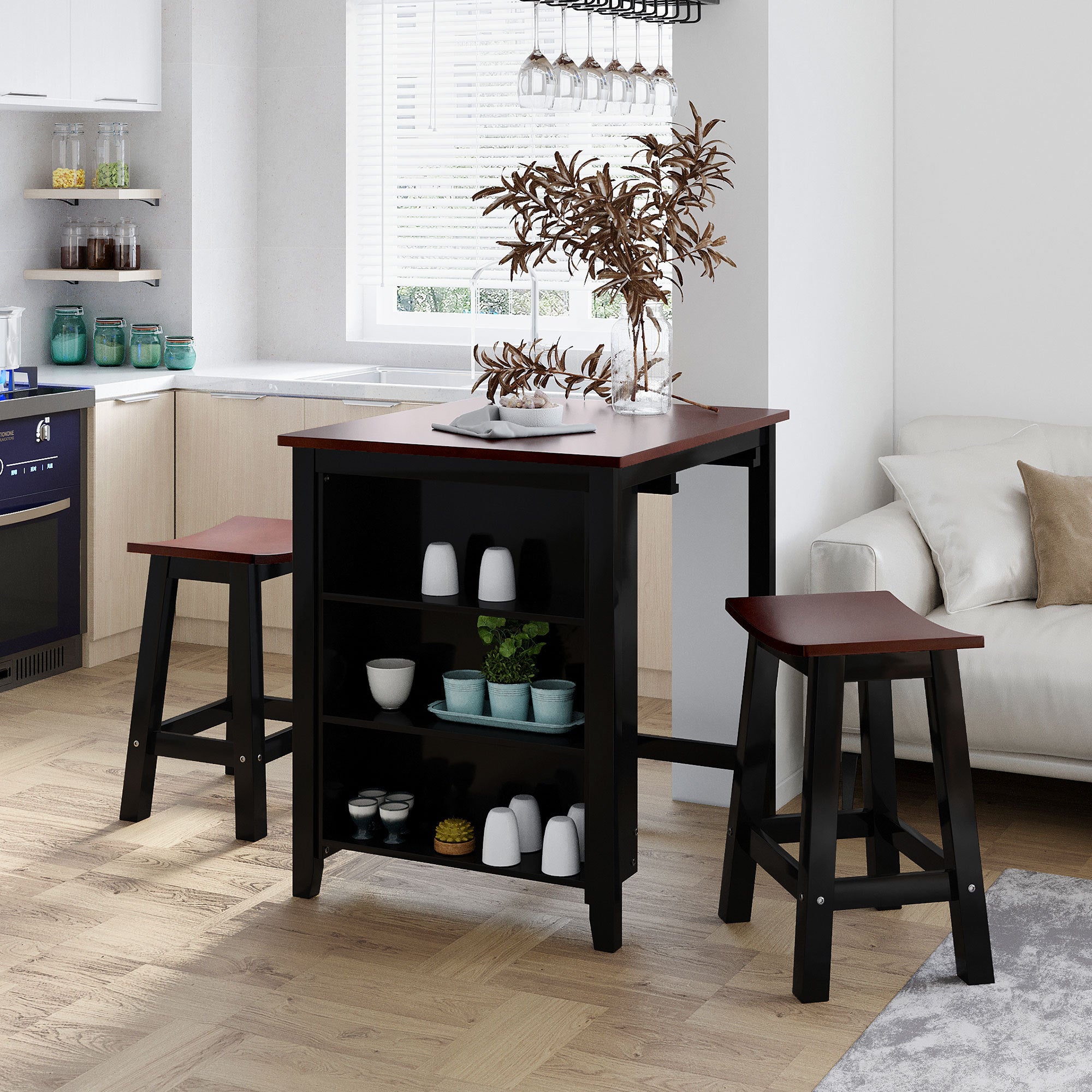 TOPMAX Solid Wood 3-Piece Set with 2 Suspended Stools 3-Tier Storage Small Place (Cherry+Black)
