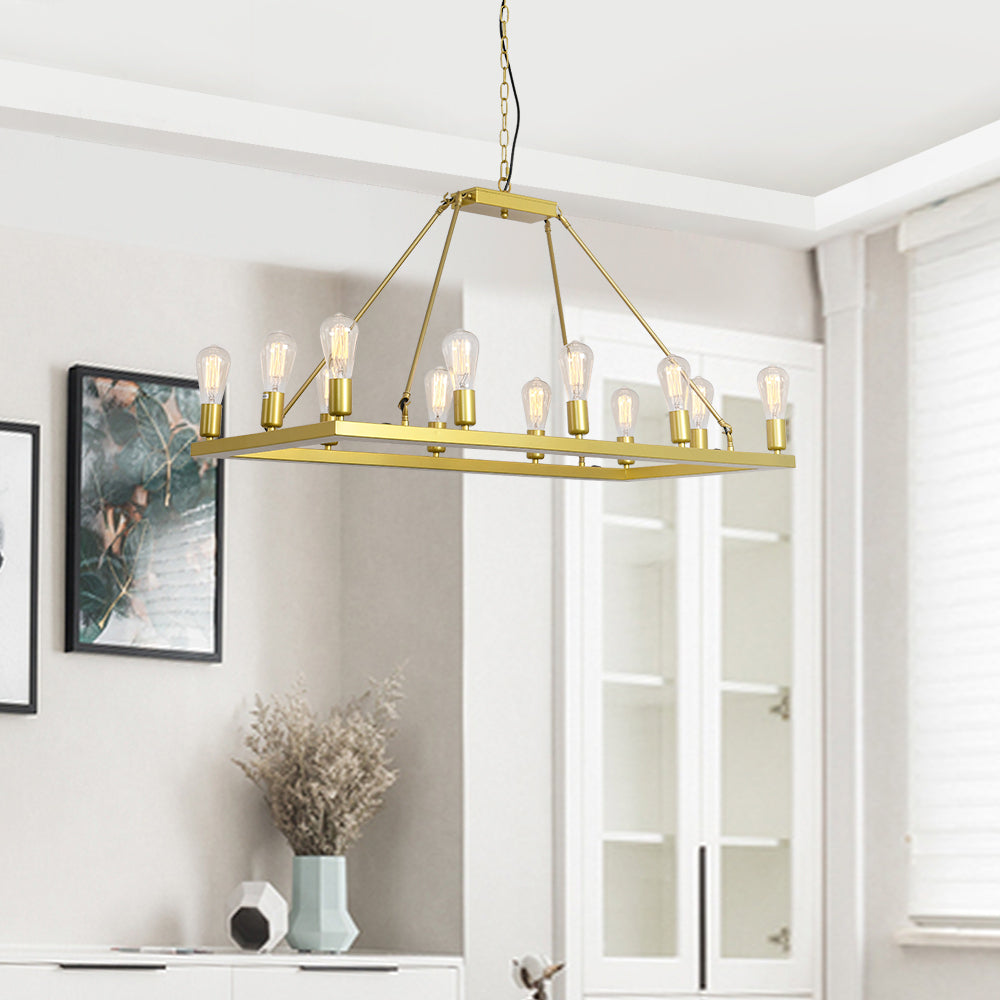 12-Light Candle Style Rectangle Chandelier (Golden)
