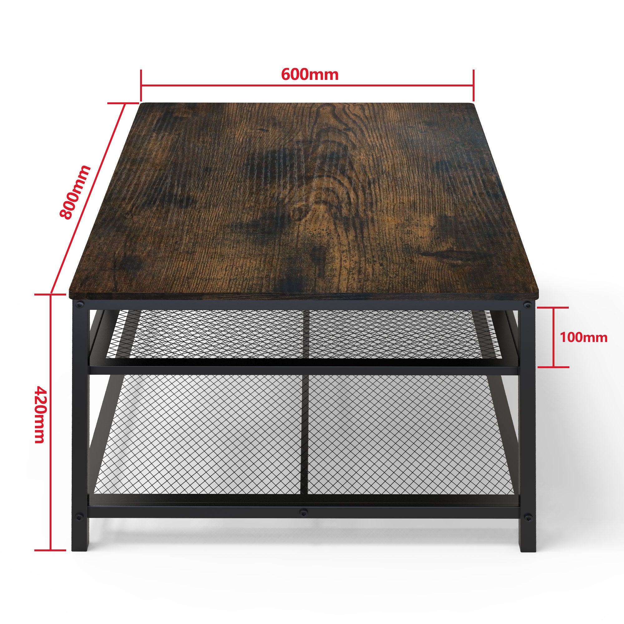 Industrial Coffee Table for Home Office with 2 Layers of Metal Mesh Shelf (Brown)