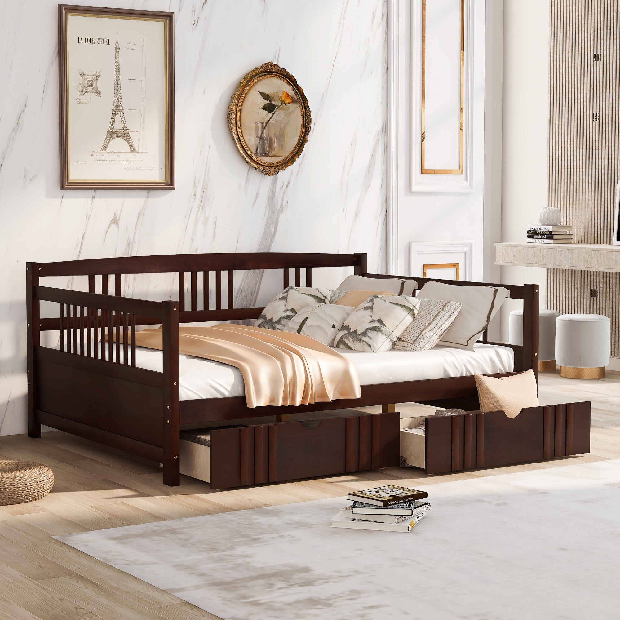 Full Size Daybed Wood Bed with Two Drawers (Espresso)