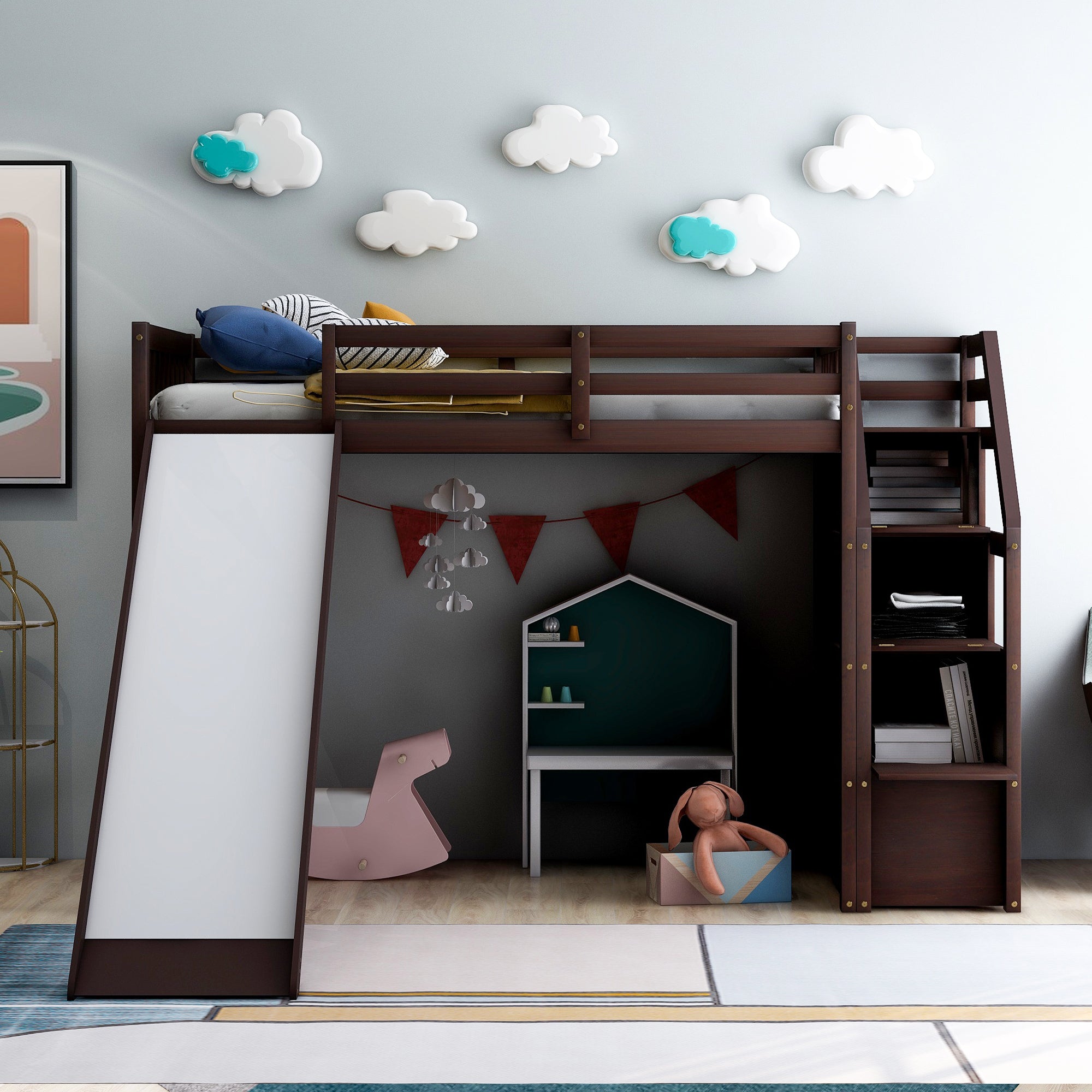Twin Size Loft Bed with Storage and Slide (Espresso)