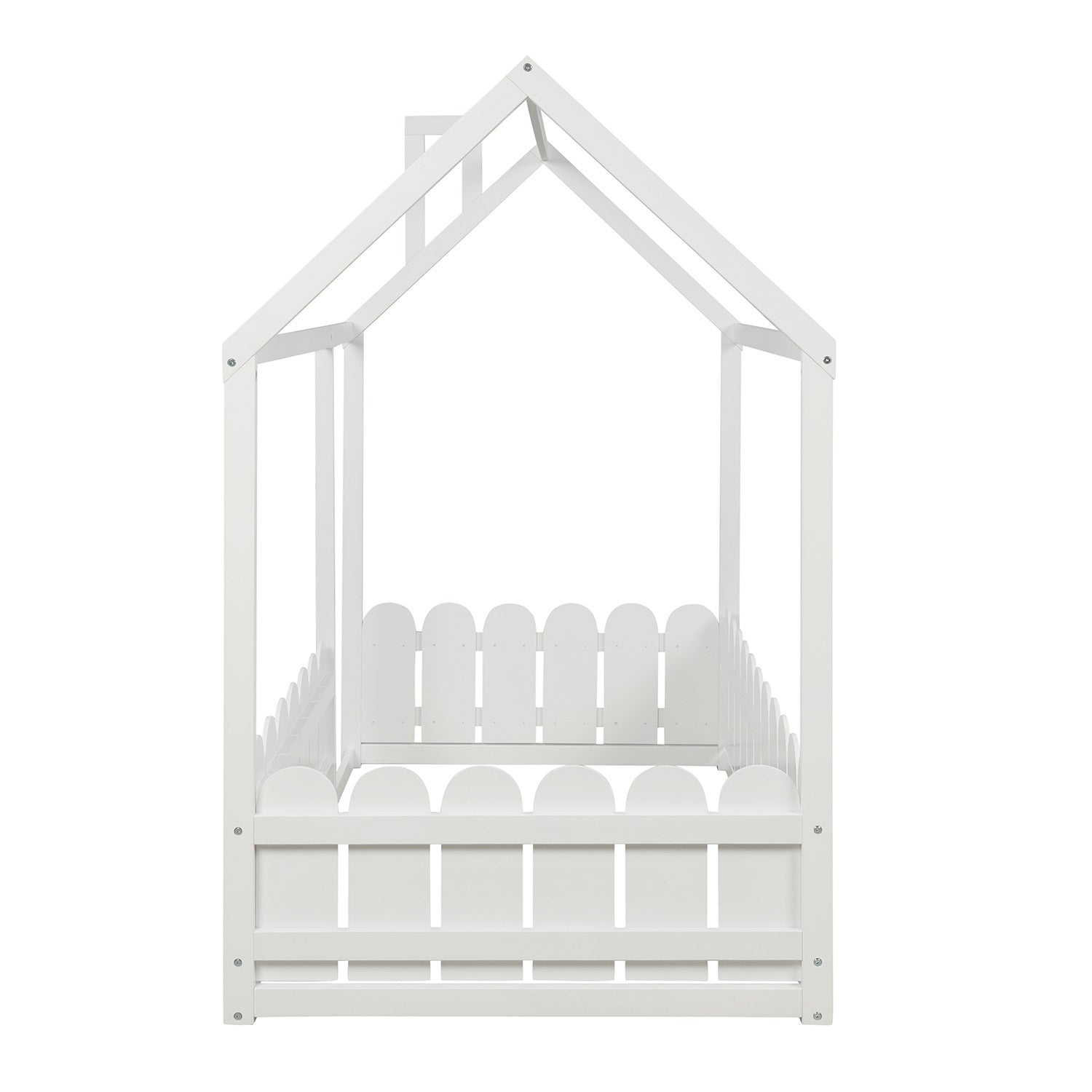 Twin Size Wood Bed House Bed Frame with Fence (White) (Slats are not included)