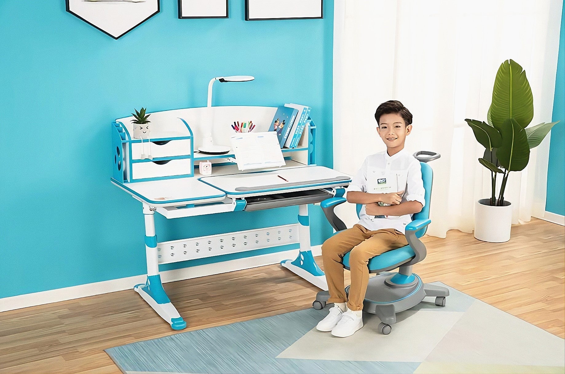Ergonomic Multi Function Adjustable Kids Study Desk & Hutch Model E (Blue)