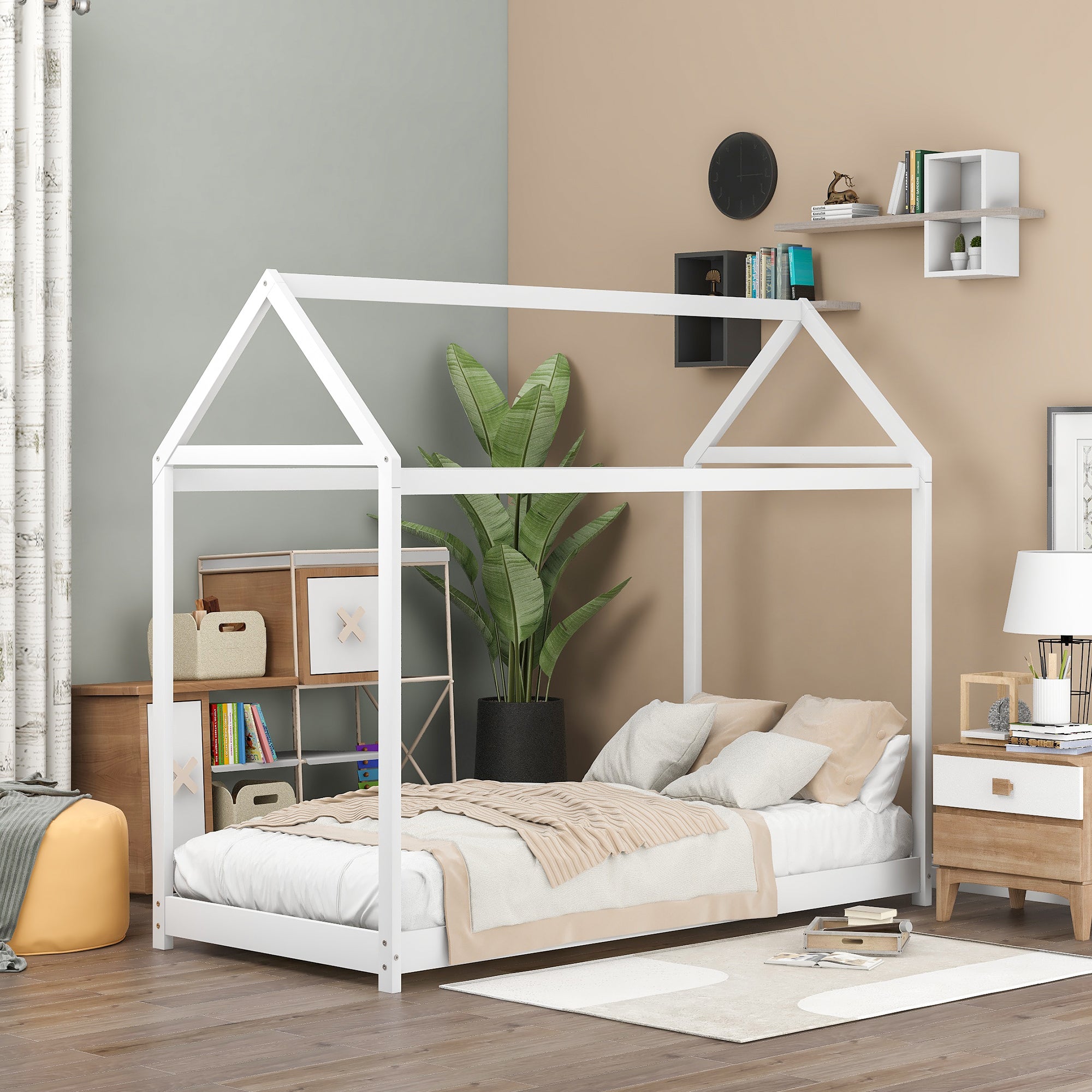 Twin Size Wooden House Bed (White)