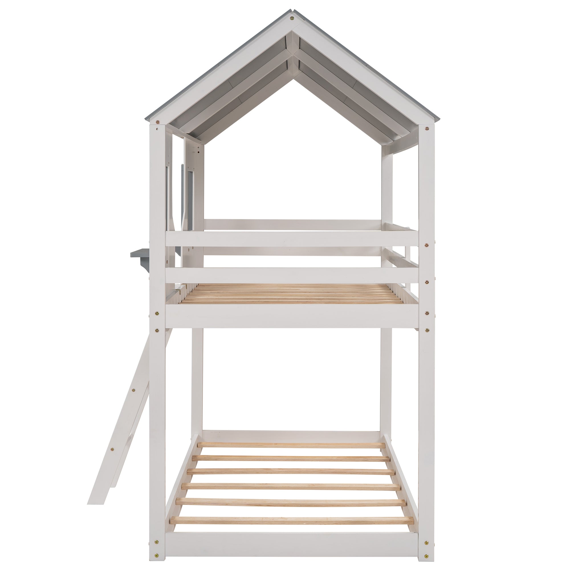 Twin Over Twin Bunk Bed Wood Bed with Roof (White)