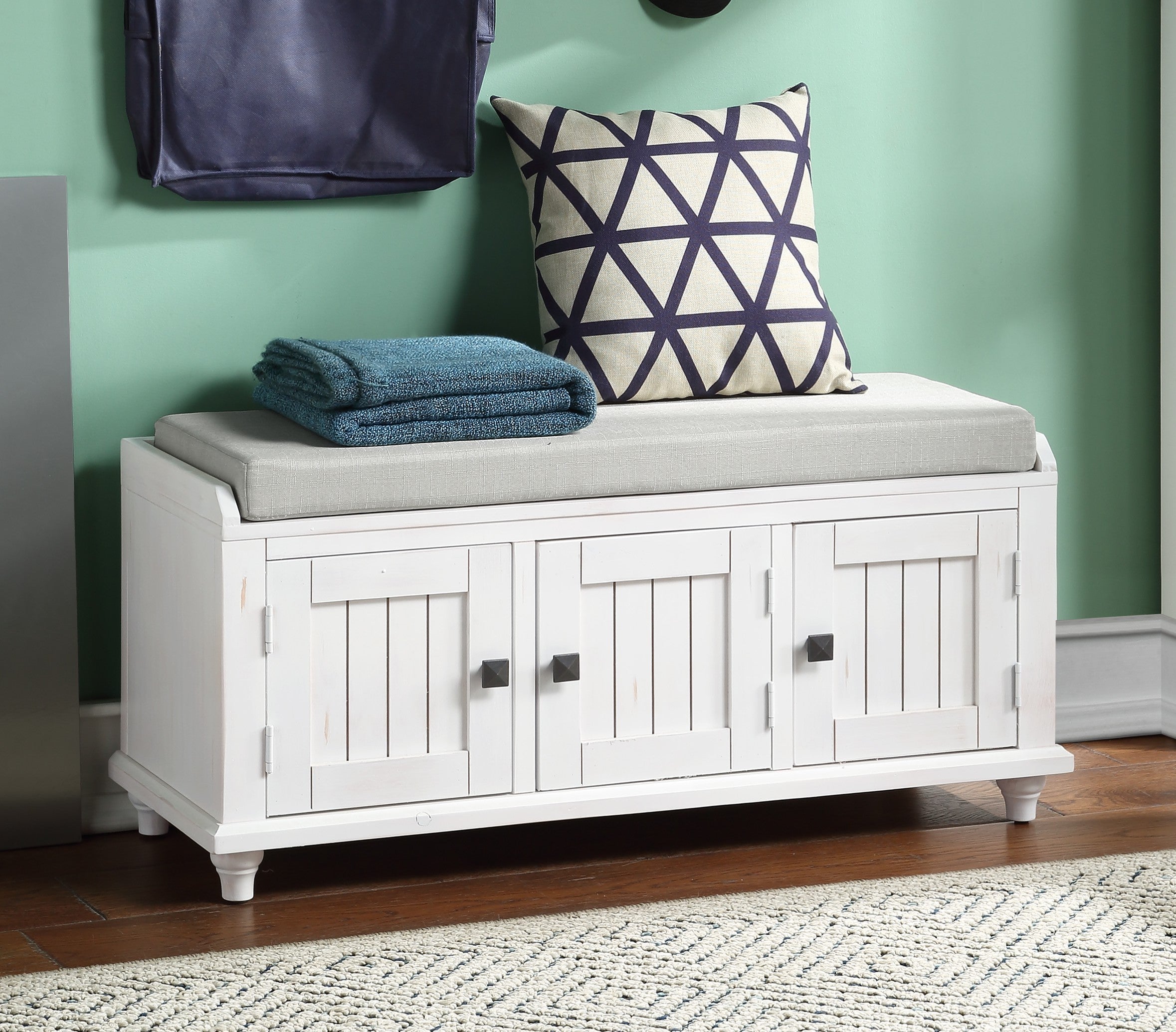 Wood Storage Bench with 2 Cabinets (White)