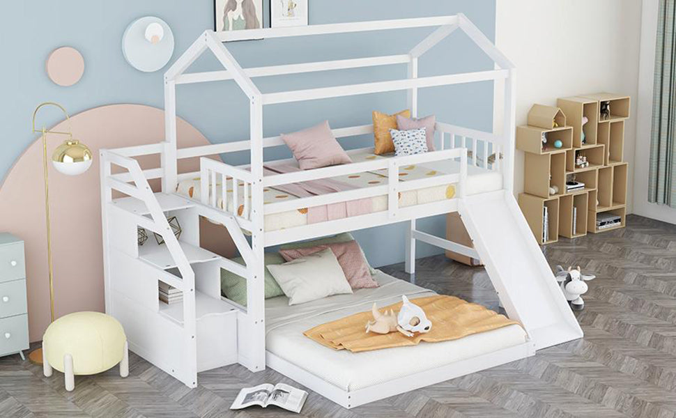 Twin over Full House Bunk Bed with Convertible Slide and Storage Staircase (White)
