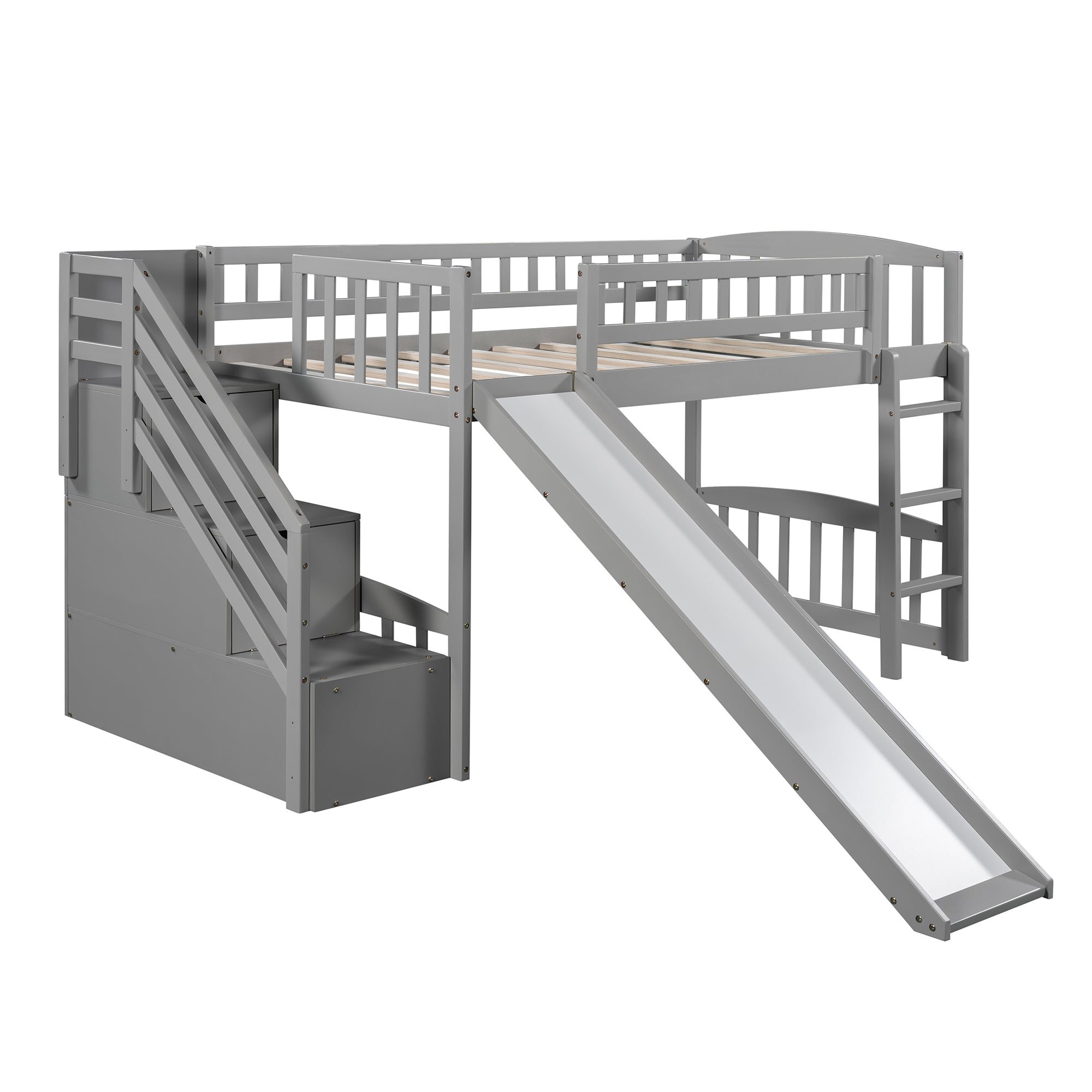 Stairway Twin Size Loft Bed with Two Drawers and Slide (Gray)