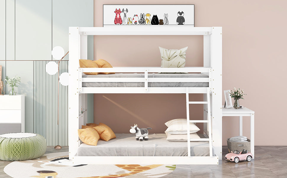 Twin Over Full Bunk Bed with Desk Storage Shelves (White)