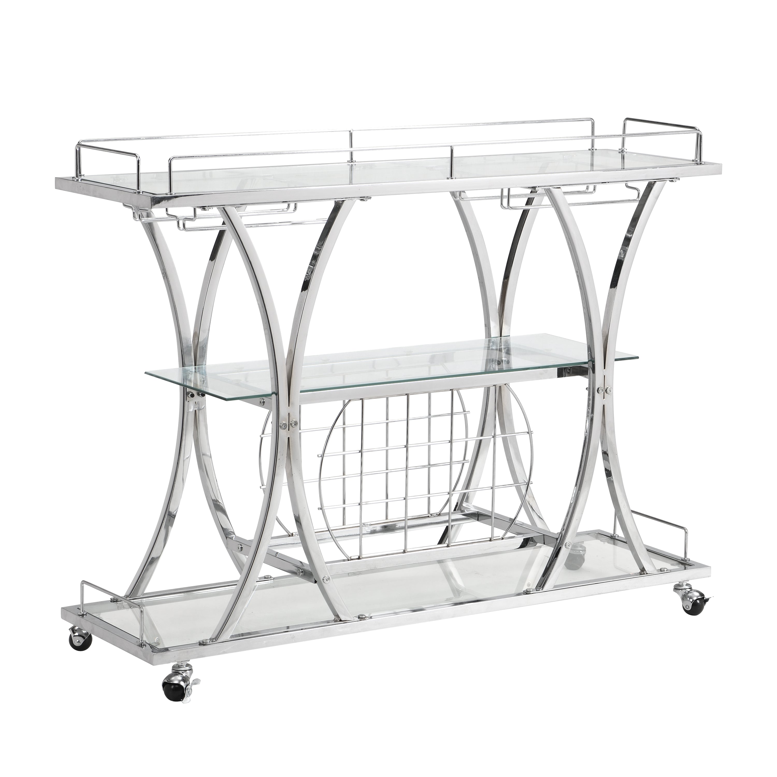 Cart with Wine Rack Silver Glass Metal Frame Wine Cabinet