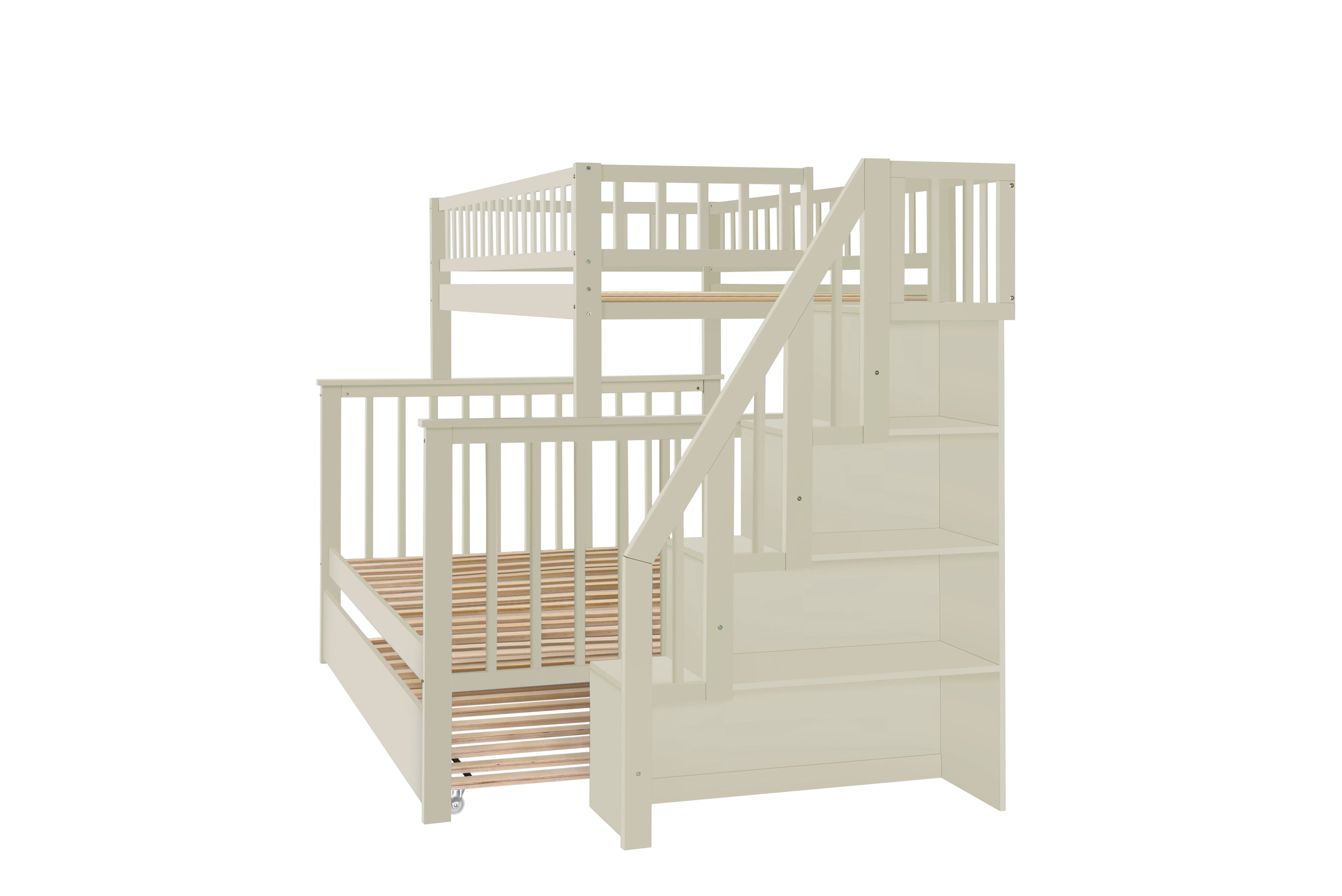 Twin over Full Stairway Bunk Bed with Trundle (White)