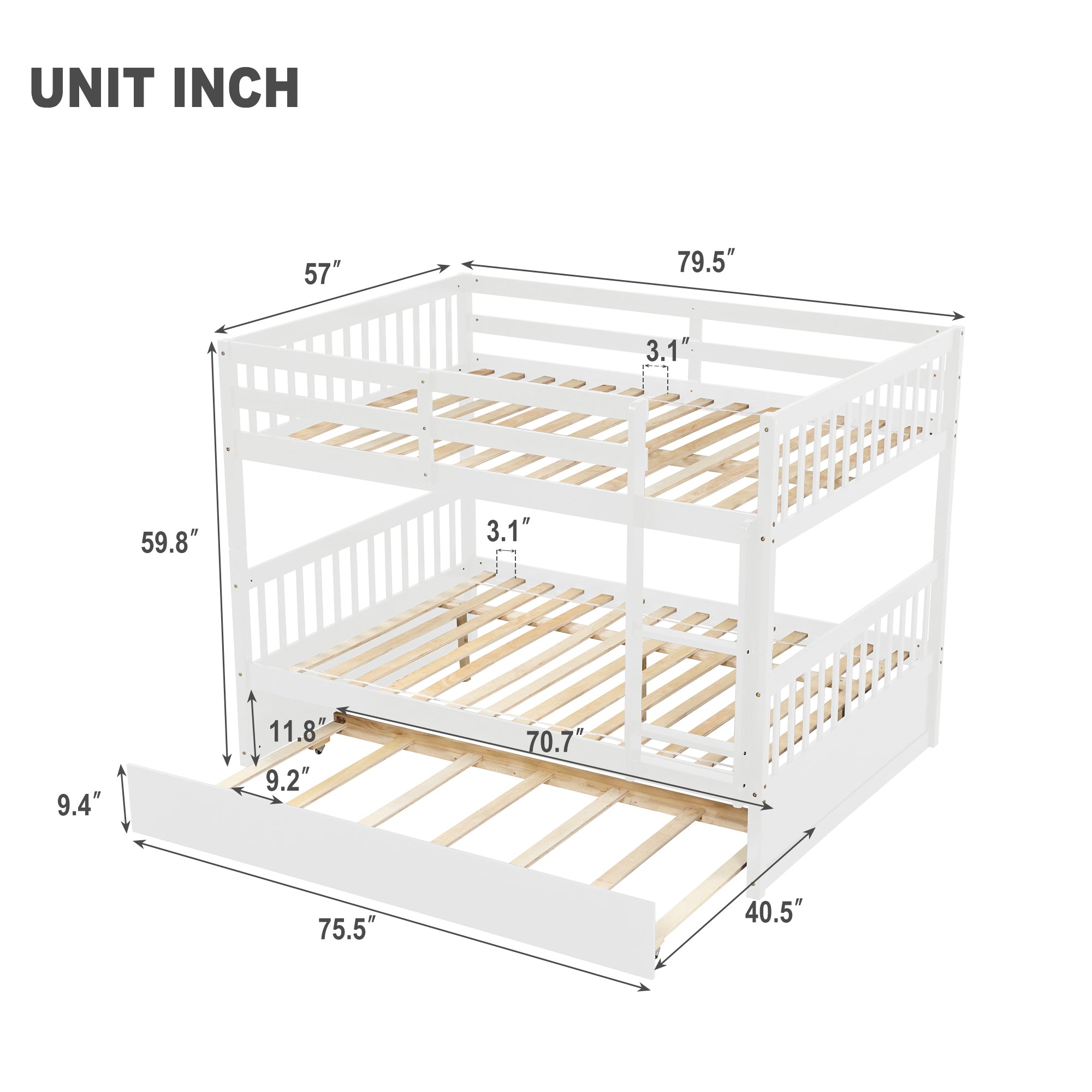 Full Over Full Bunk Bed with Trundle (White)