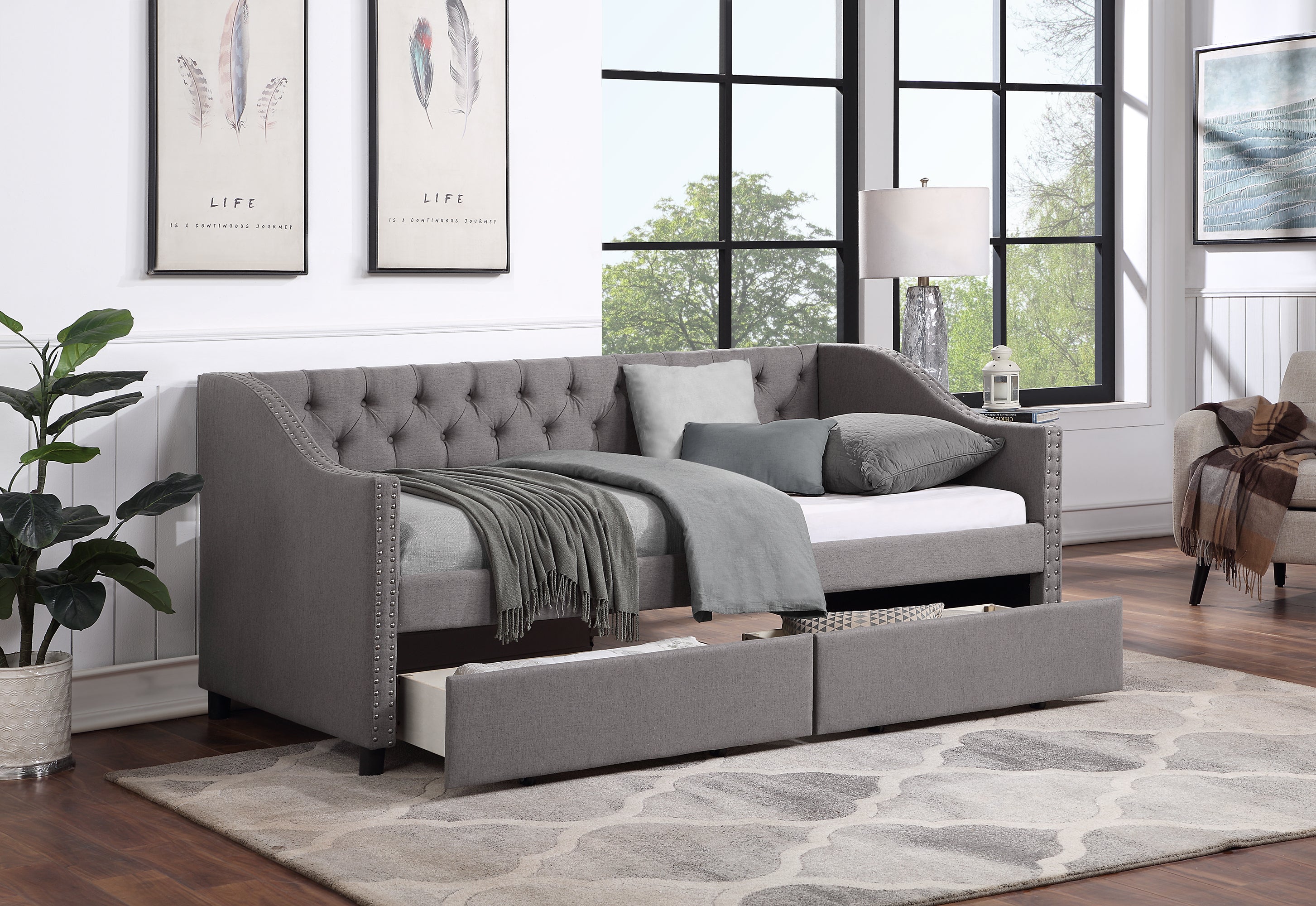 Upholstered daybed with Two Drawers Wood Slat Support Twin Size (Gray)