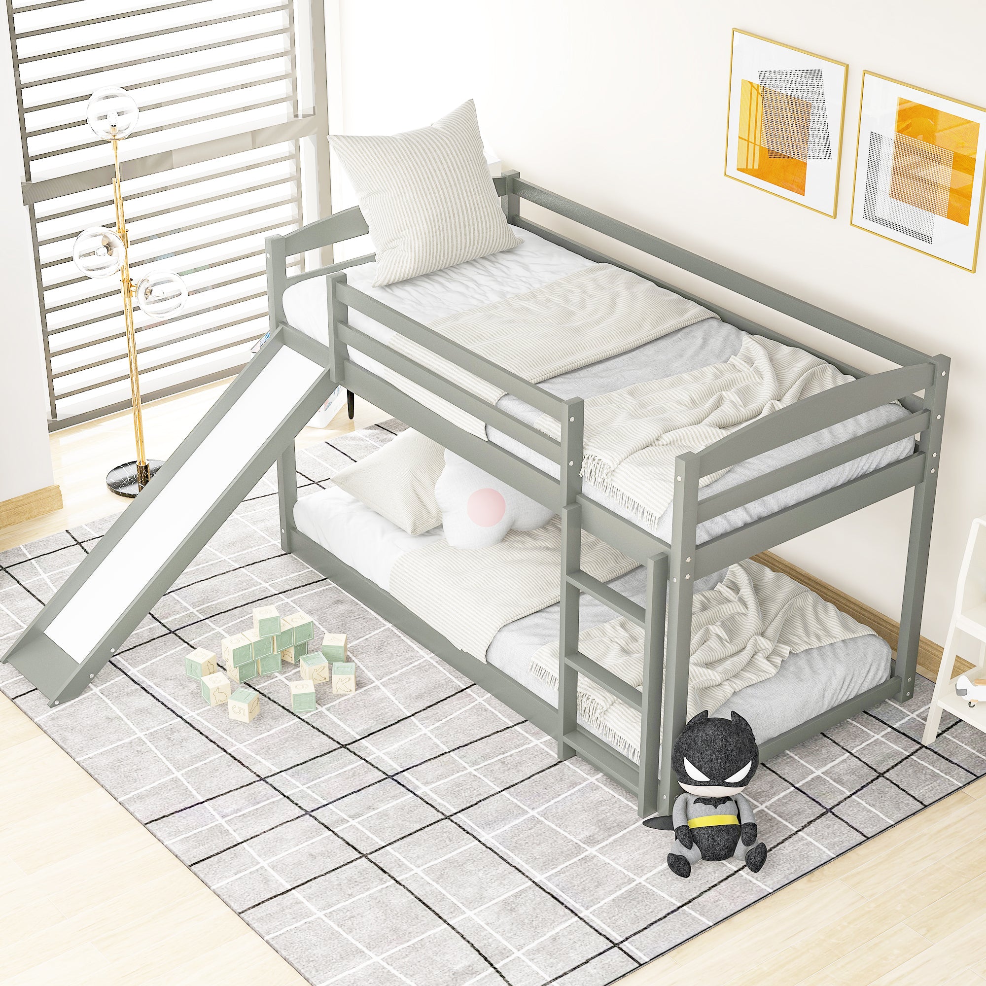 Twin over Twin Bunk Bed with Convertible Slide and Ladder (Gray)